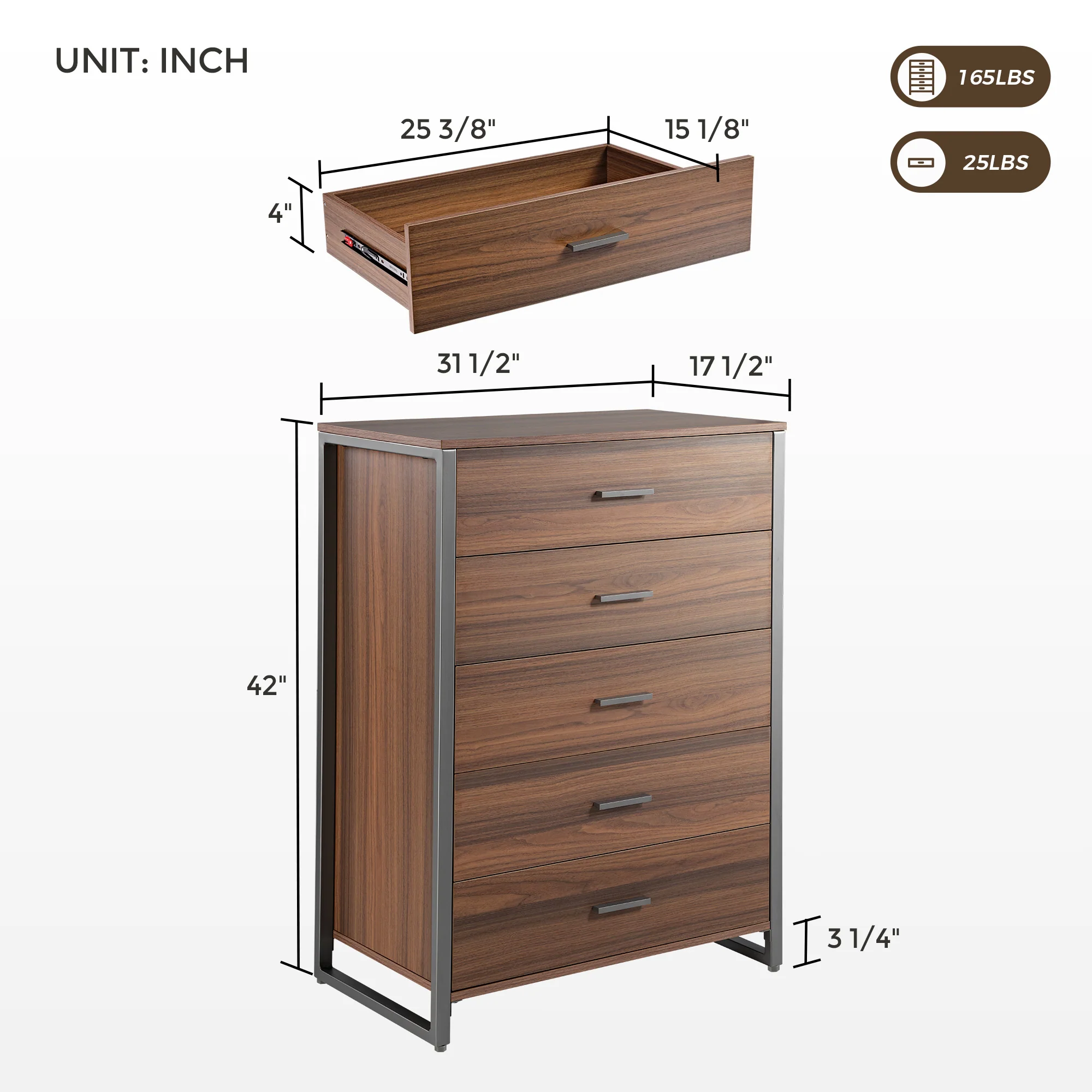 42" Chest 5-Drawers Dresser Accent Cabinet Walnut - Image 10
