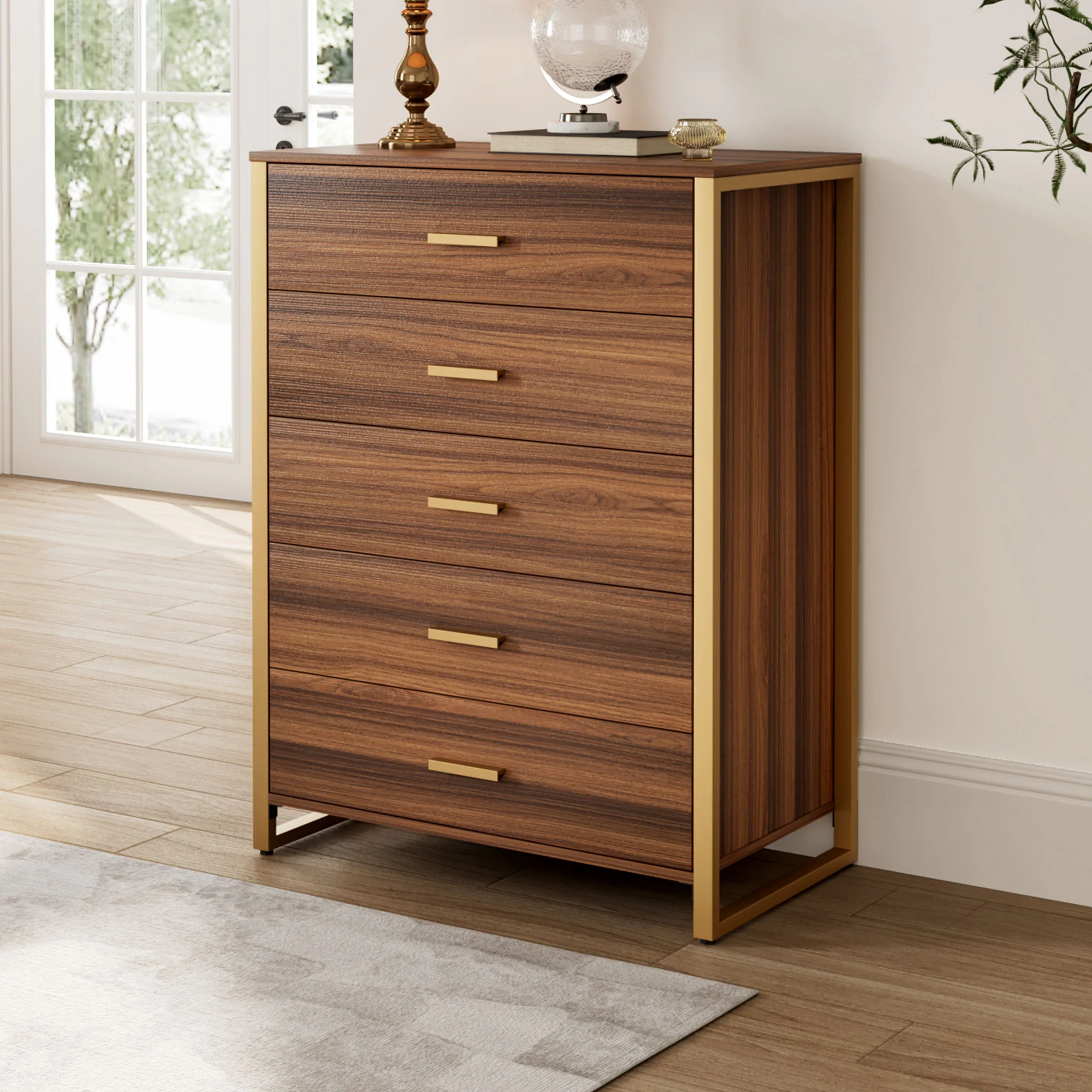 42" Chest 5-Drawers Dresser Accent Cabinet Walnut - Image 11