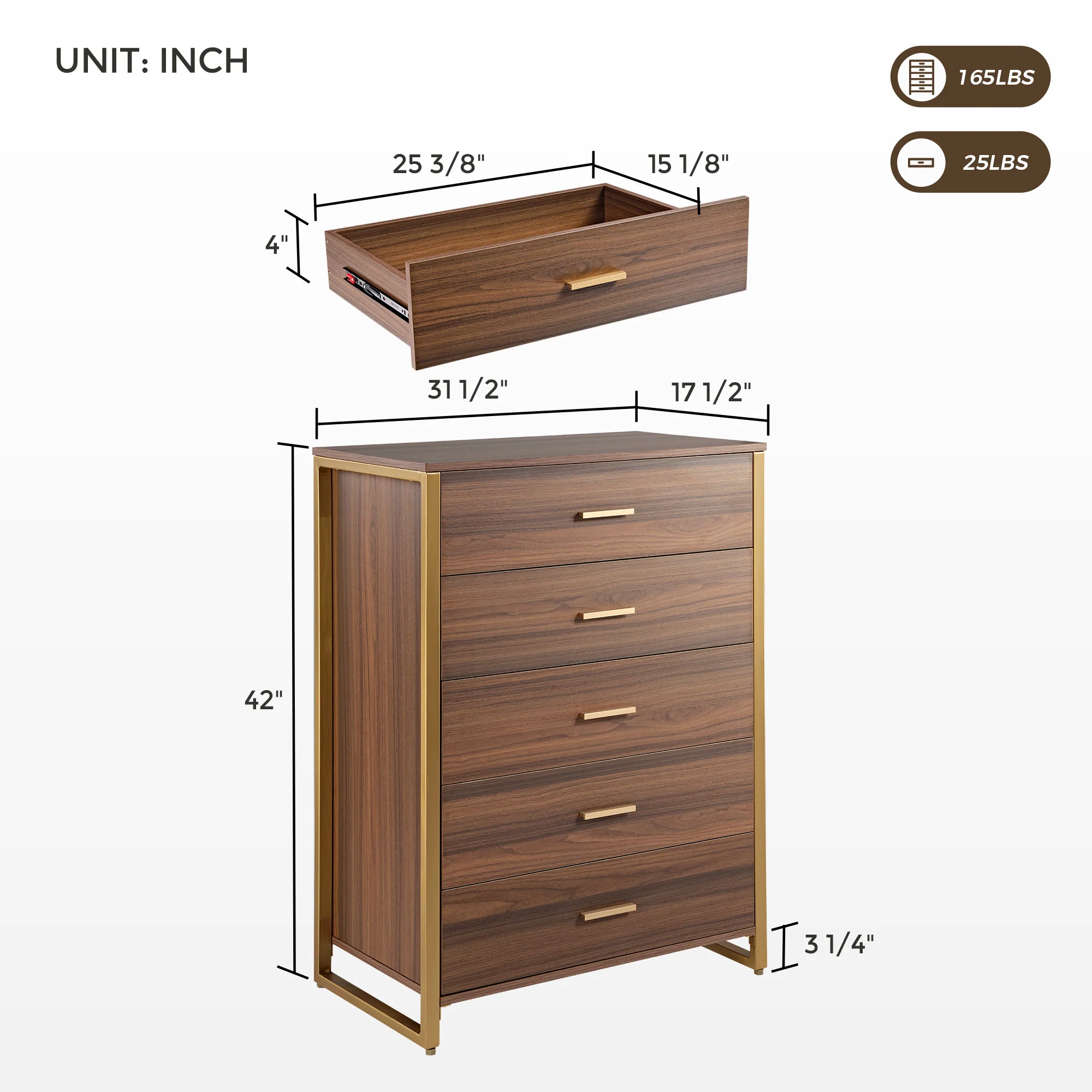 42" Chest 5-Drawers Dresser Accent Cabinet Walnut - Image 19