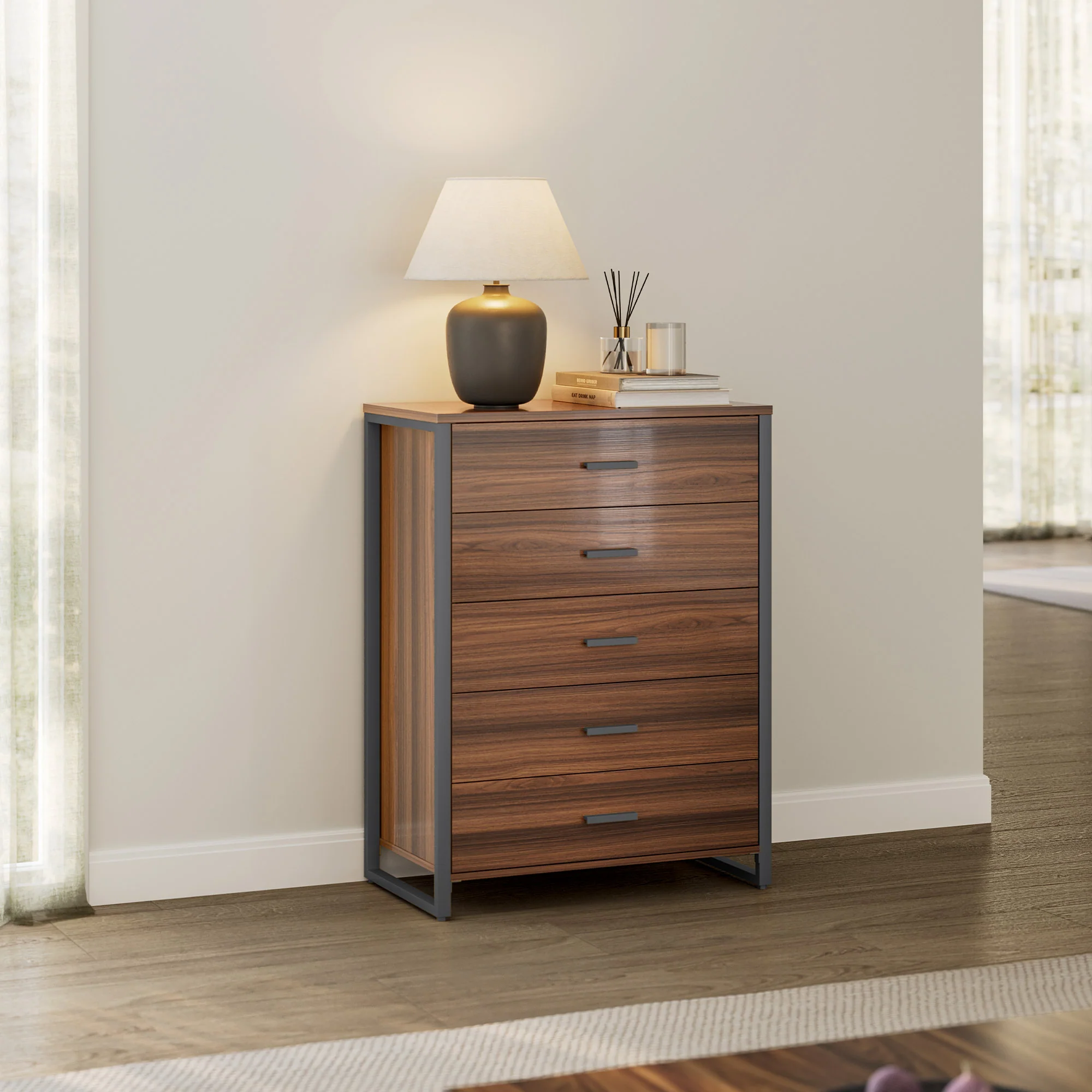42" Chest 5-Drawers Dresser Accent Cabinet Walnut - Image 4