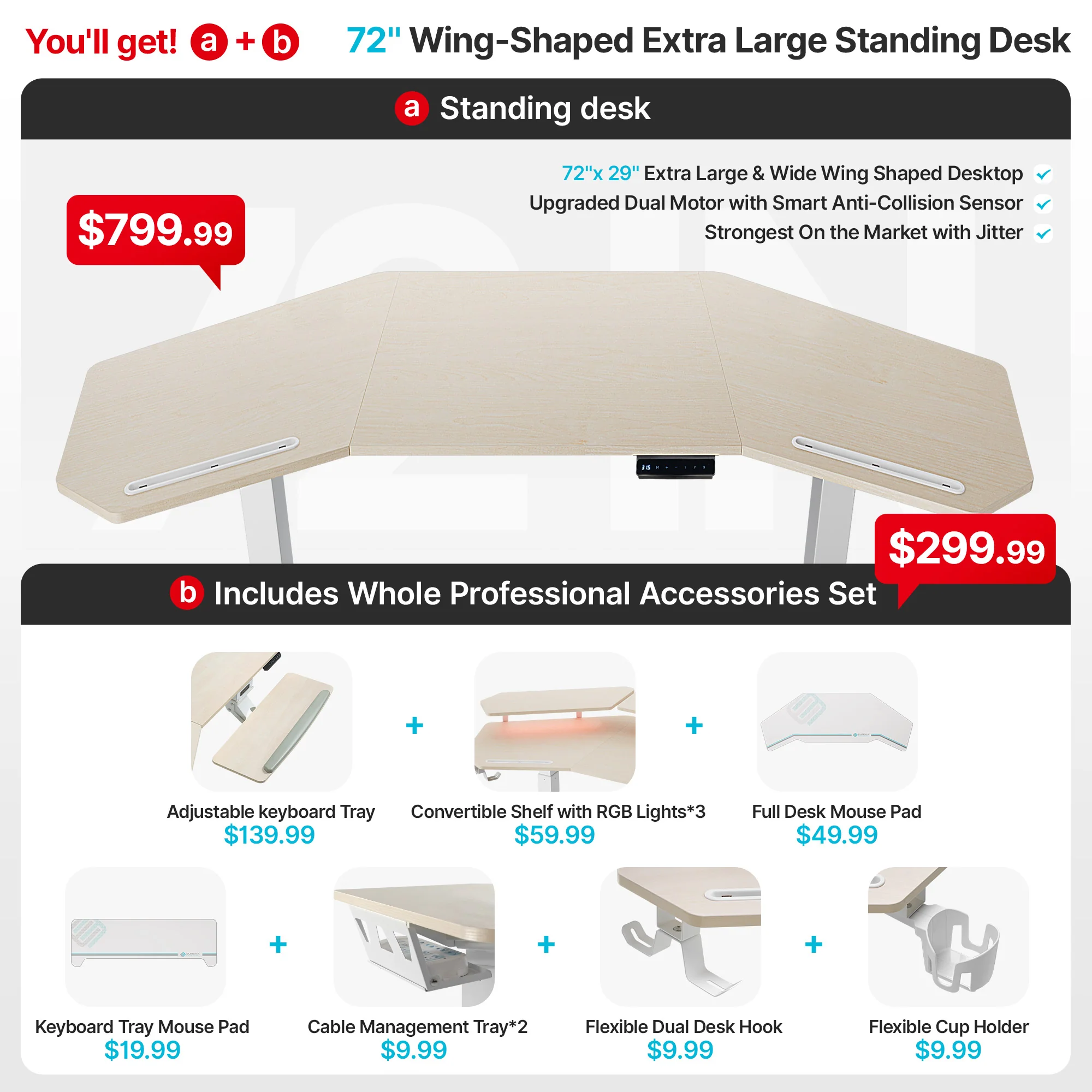 Aero Pro Wing-Shaped Standing Desk (72"x23") - Image 32