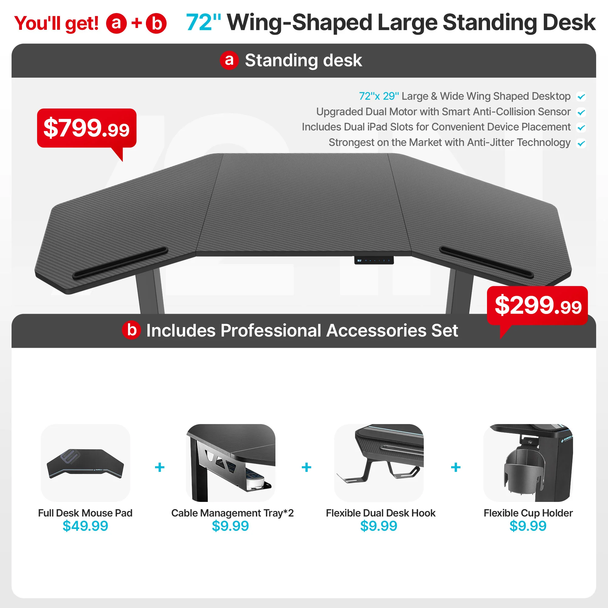 Aero Pro Wing-Shaped Standing Desk (72"x23") - Image 6
