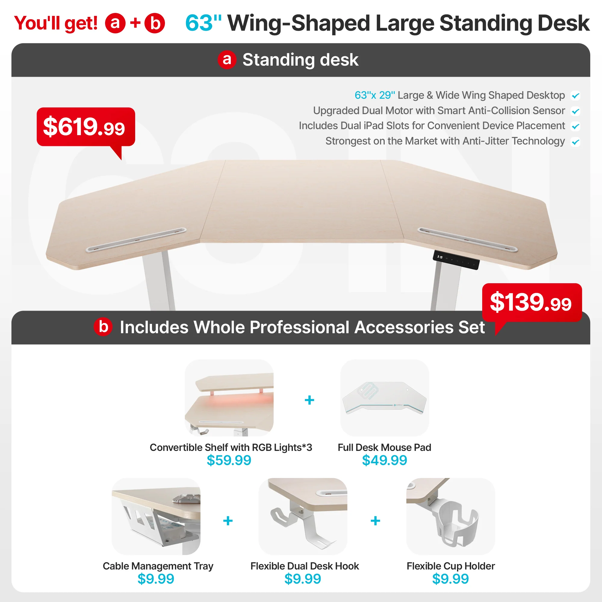 Aero Pro Wing Shaped Standing Desk (63"x23") - Image 18
