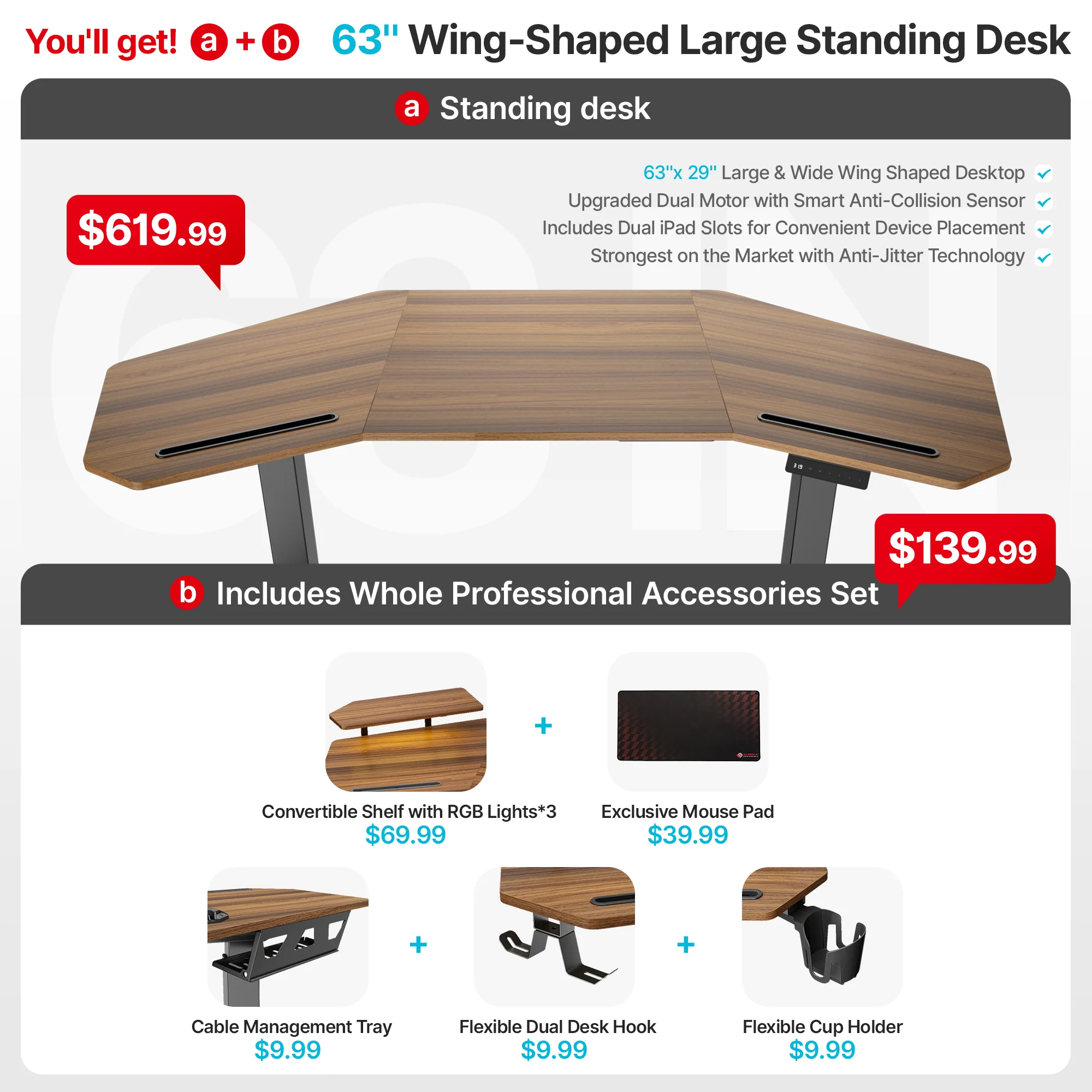 Aero Pro Wing Shaped Standing Desk (63"x23") - Image 30