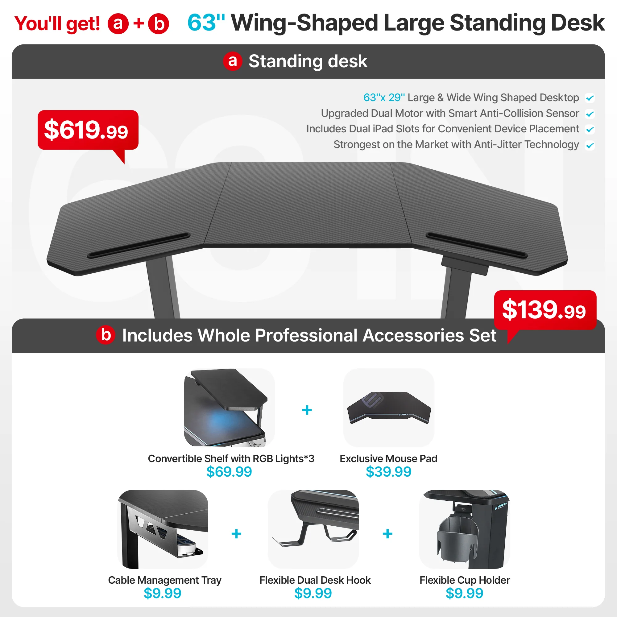 Aero Pro Wing Shaped Standing Desk (63"x23") - Image 5