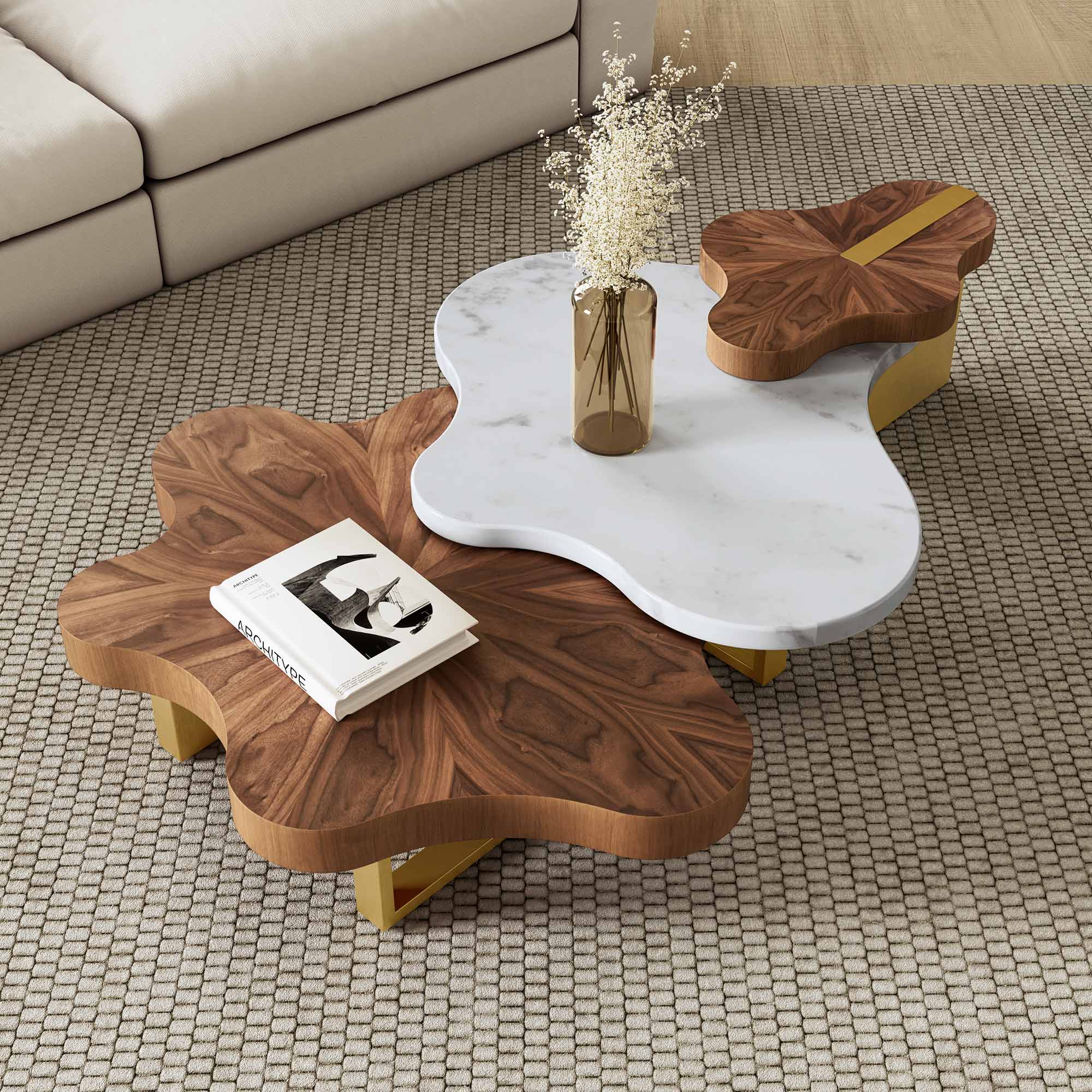 63" Cloud Shape Solid Wood Coffee Table Set - Image 5