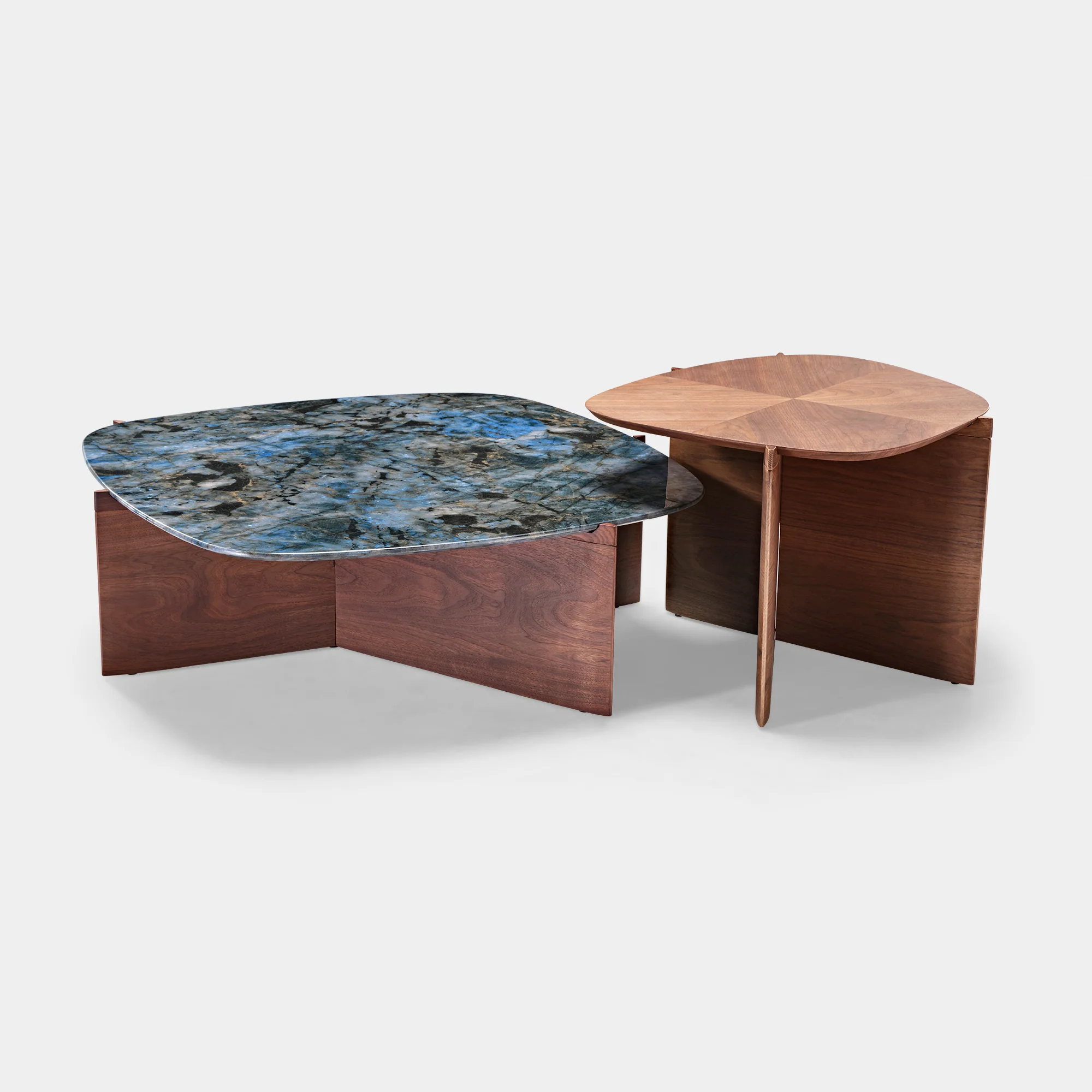 41" Walnut & Blue Jade Marble Irregular Coffee Table with Side Table Set - Image 15
