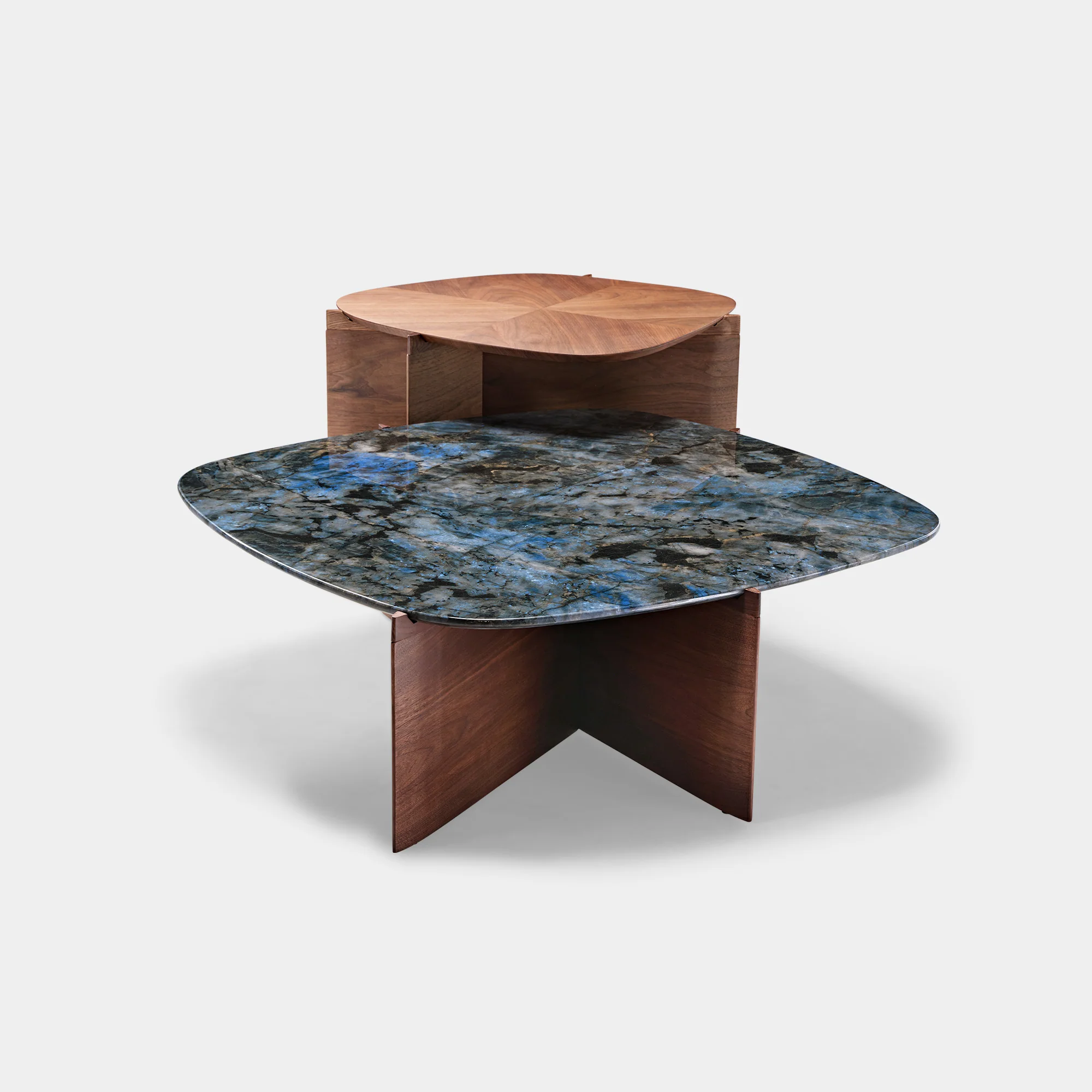 41" Walnut & Blue Jade Marble Irregular Coffee Table with Side Table Set - Image 16