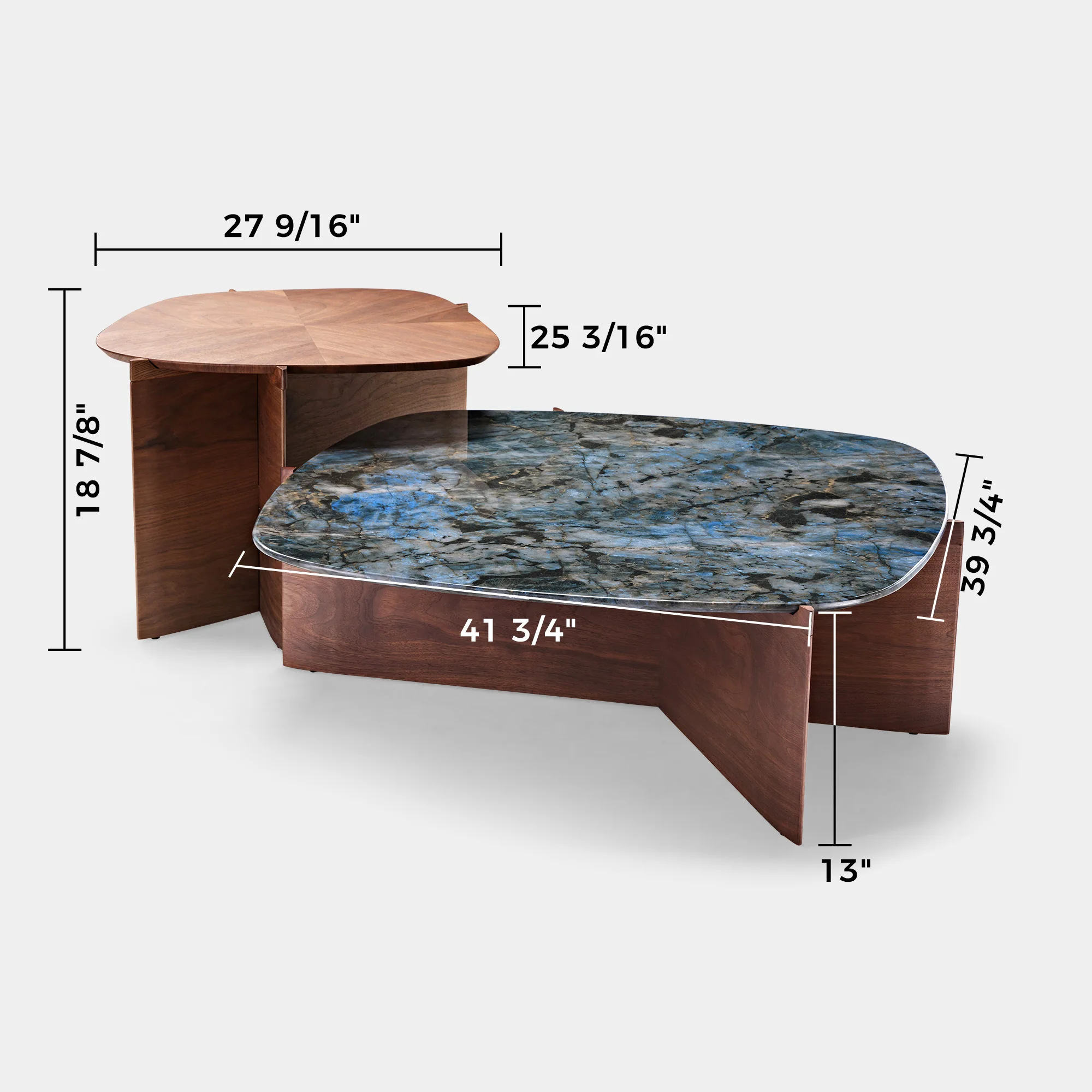 41" Walnut & Blue Jade Marble Irregular Coffee Table with Side Table Set - Image 19