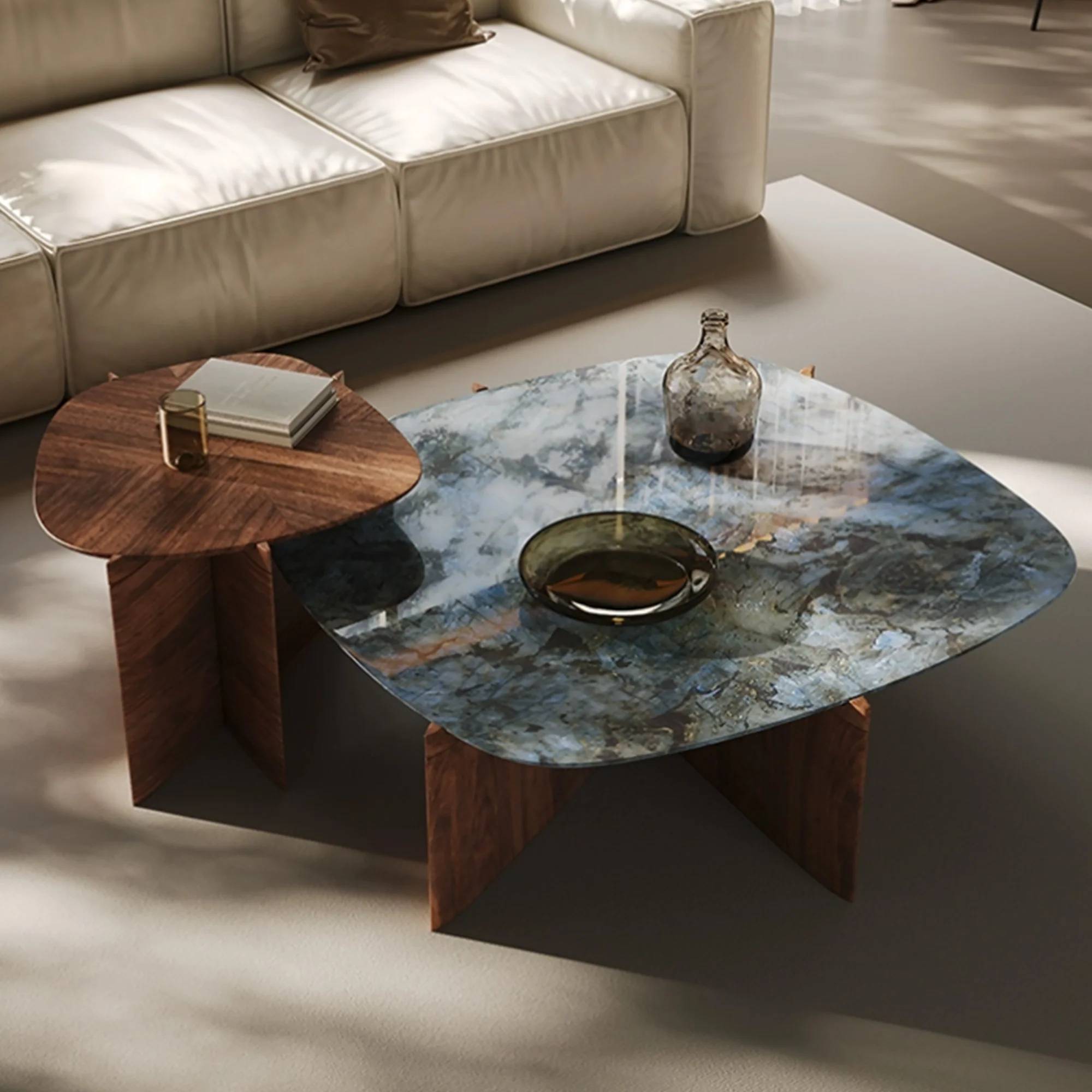 41" Walnut & Blue Jade Marble Irregular Coffee Table with Side Table Set - Image 3