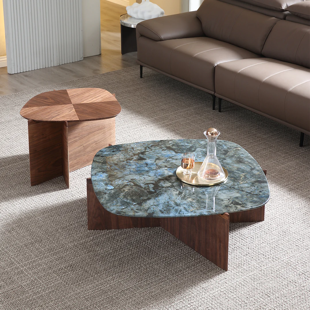 41" Walnut & Blue Jade Marble Irregular Coffee Table with Side Table Set - Image 6