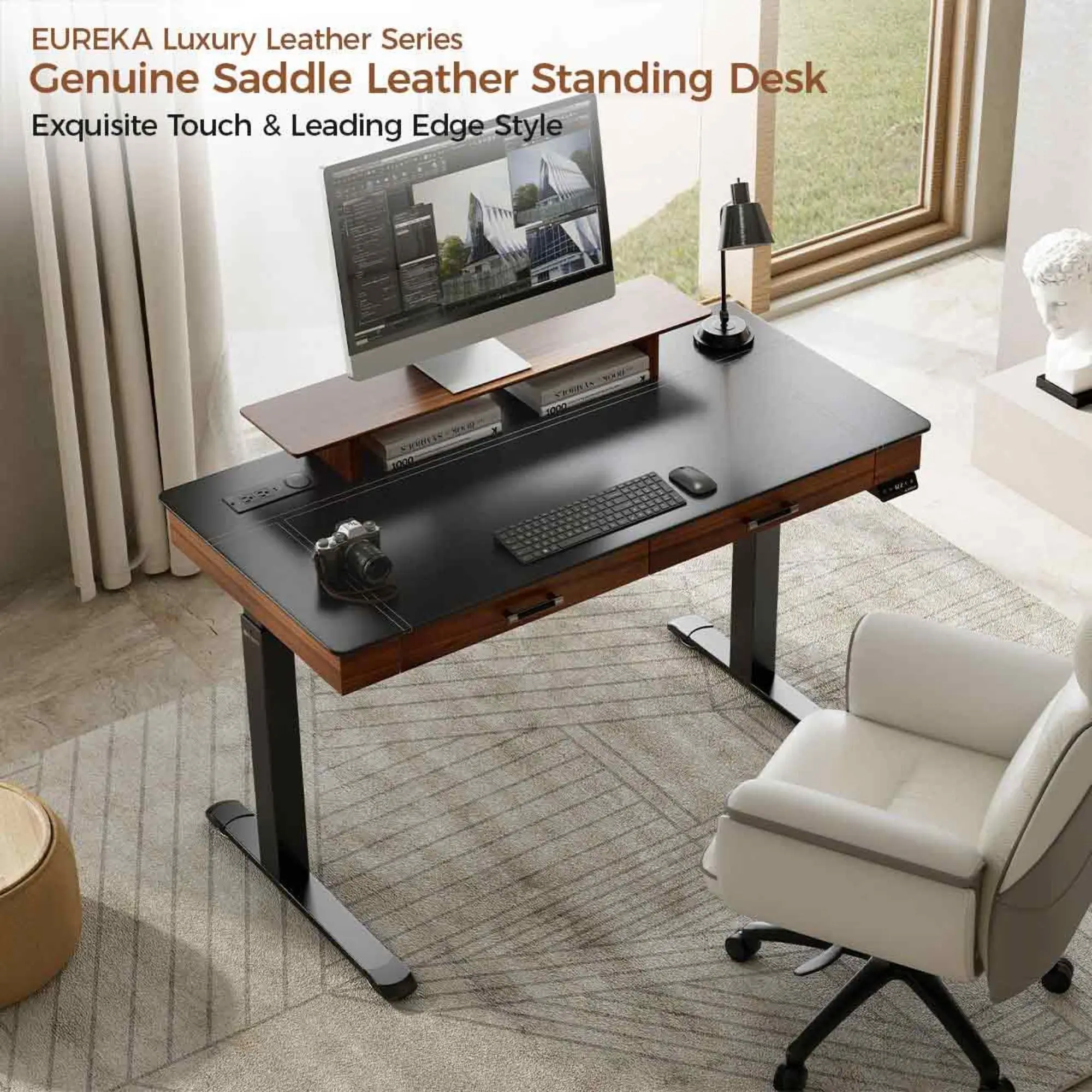Faux Saddle Leather Adjustable Standing Desk (55"x23") - Image 9