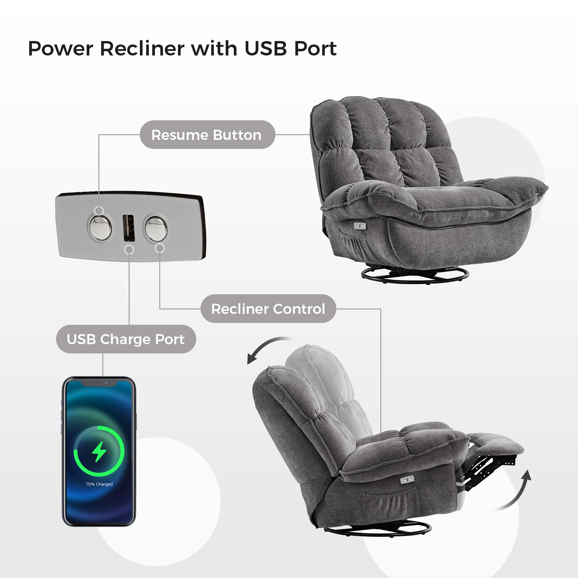[Coming Soon]Grayson, Power Recliner Chair Rocking Swivel with Storage - Image 12