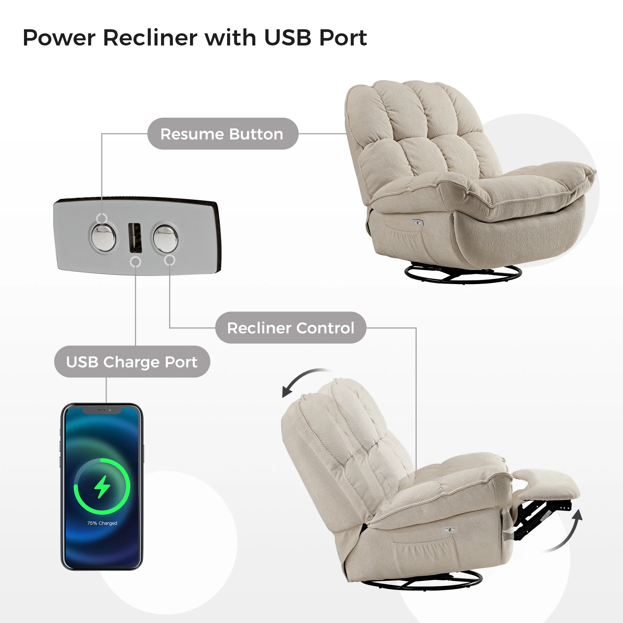 [Coming Soon]Grayson, Power Recliner Chair Rocking Swivel with Storage - Image 23