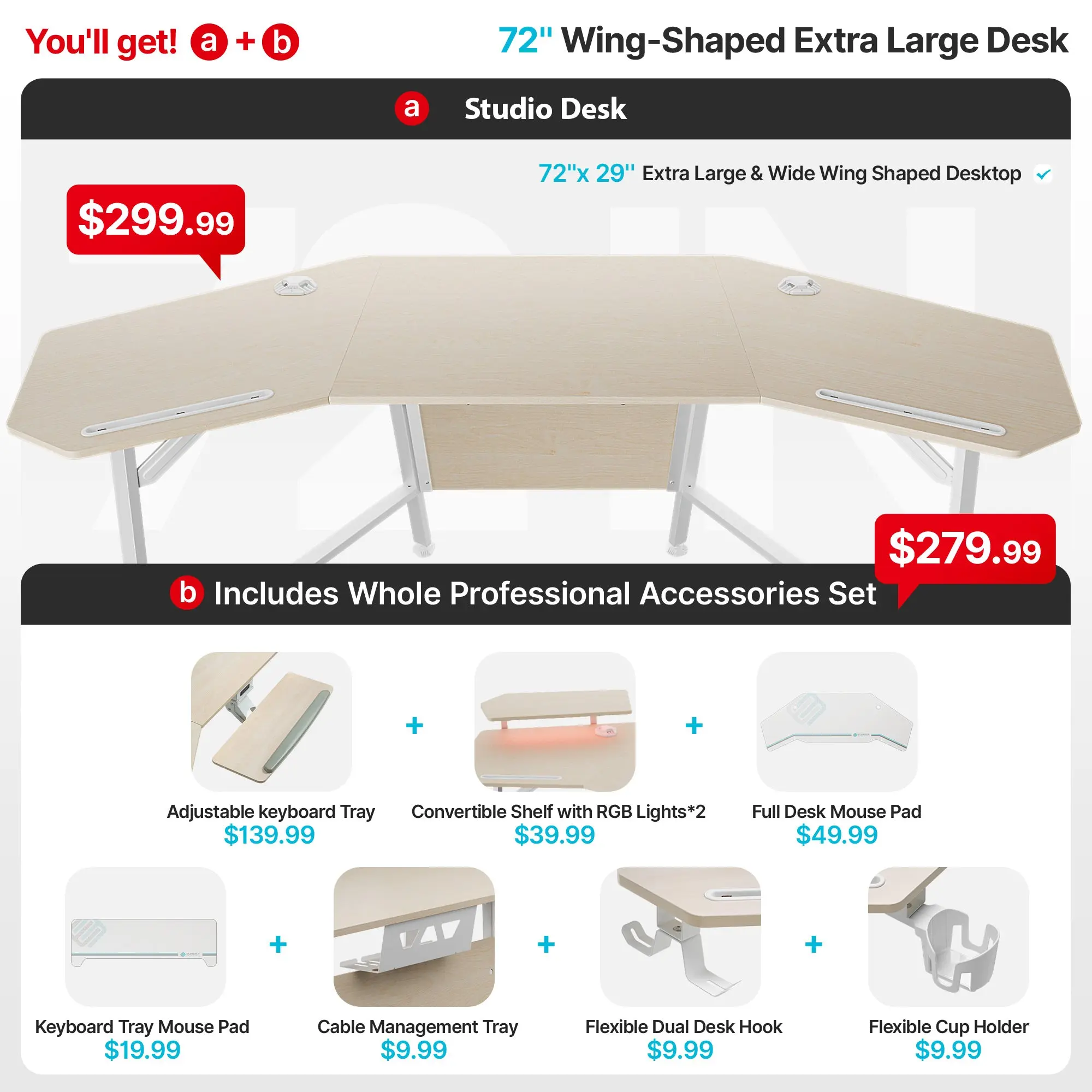 Aero Wing Shaped Studio Desk (73"x23") - Image 23