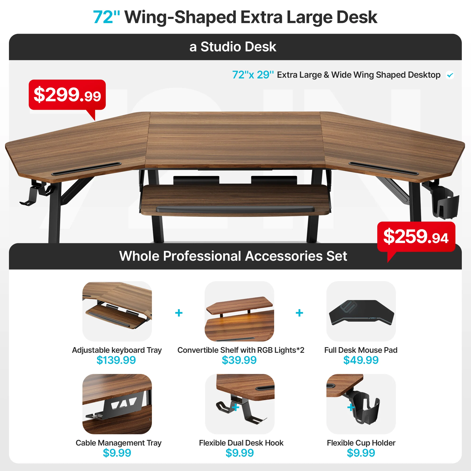 Aero Wing Shaped Studio Desk (73"x23") - Image 9