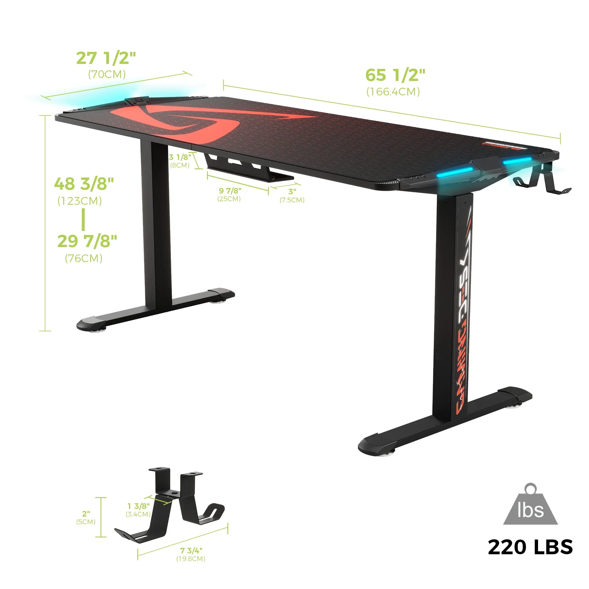 Gaming Standing Desk with RGB Lighting (65"x27") - Image 9
