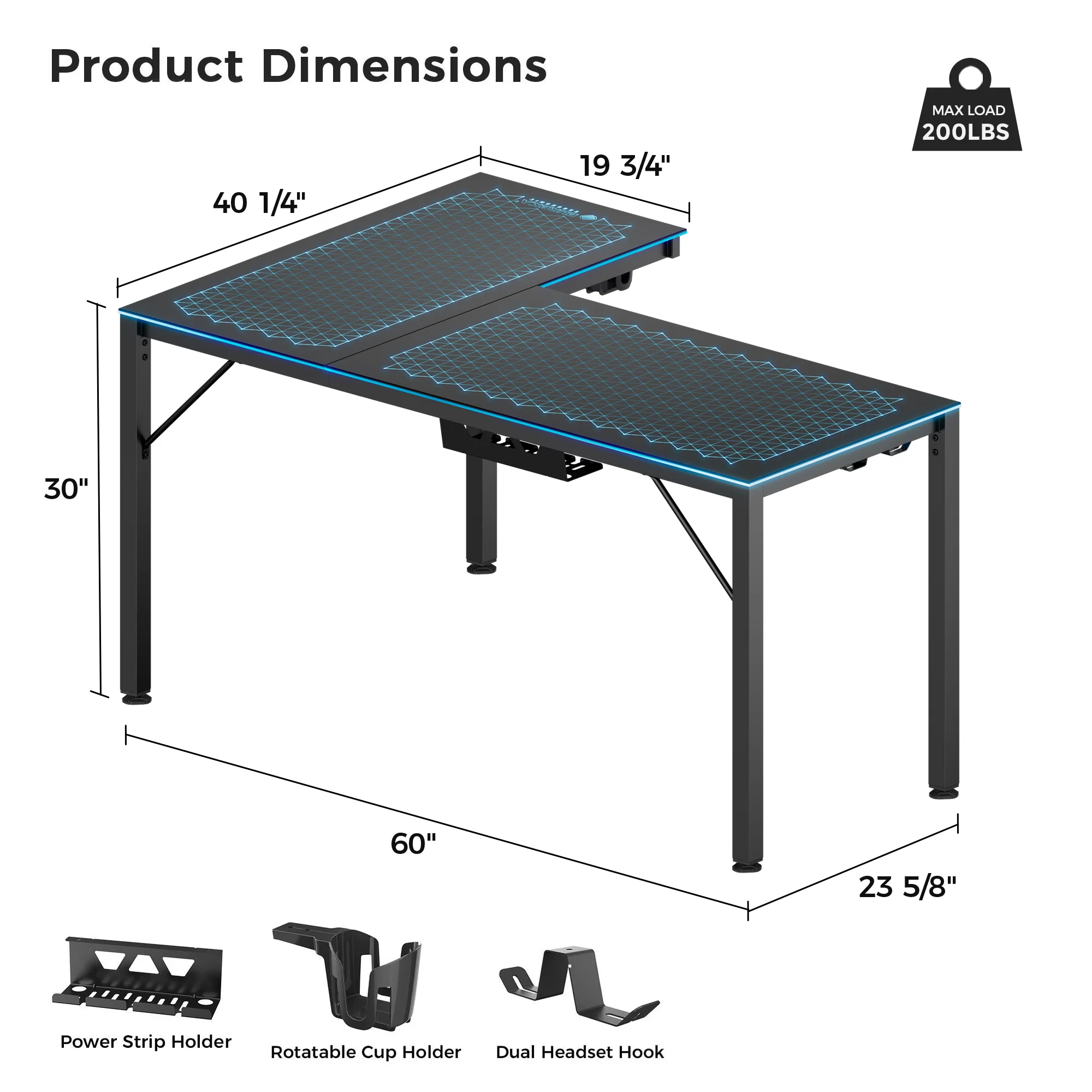 GTG - L60, L-Shaped Glass LED Gaming Desk (60"x40") - Image 13