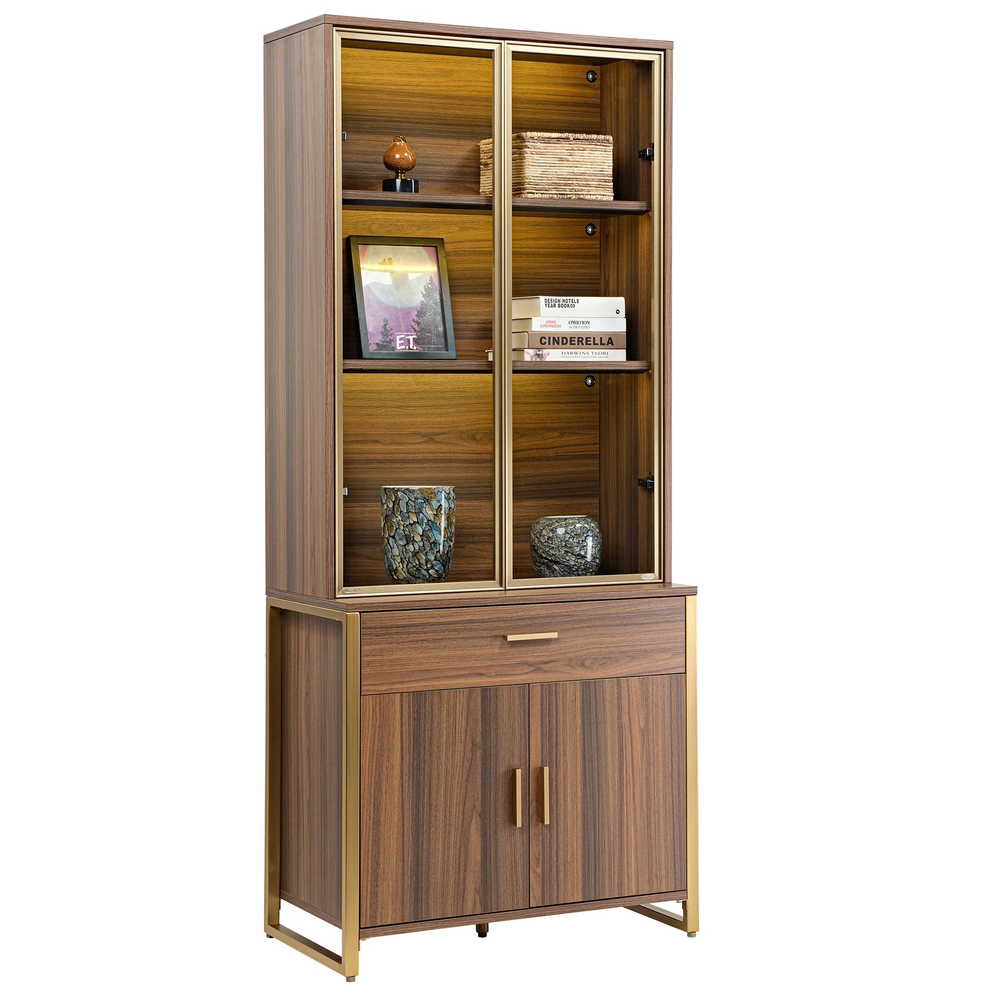 77'' Display Bookshelf with Glass Door and Storage Cabinets, Walnut - Image 12