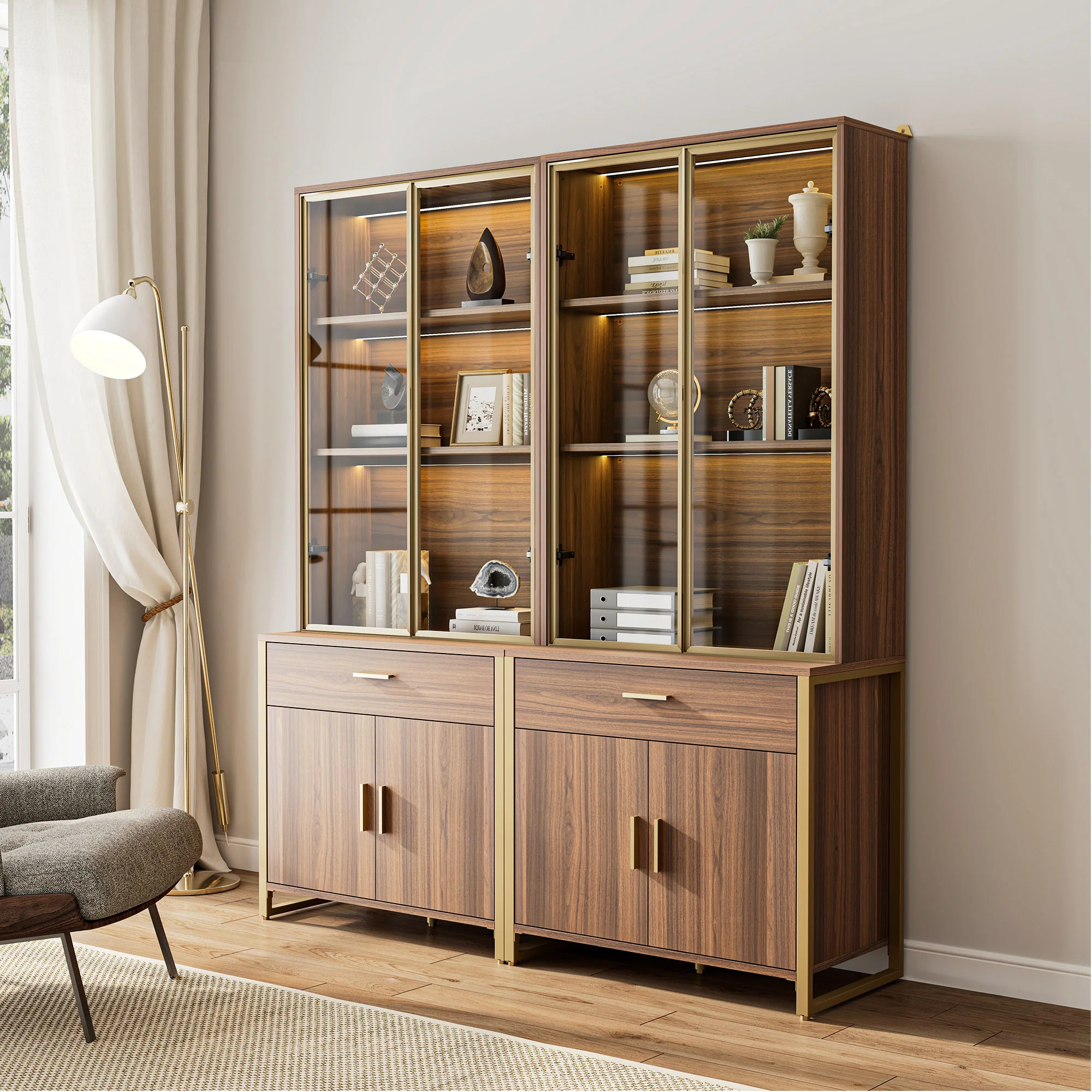 77'' Display Bookshelf with Glass Door and Storage Cabinets, Walnut - Image 13