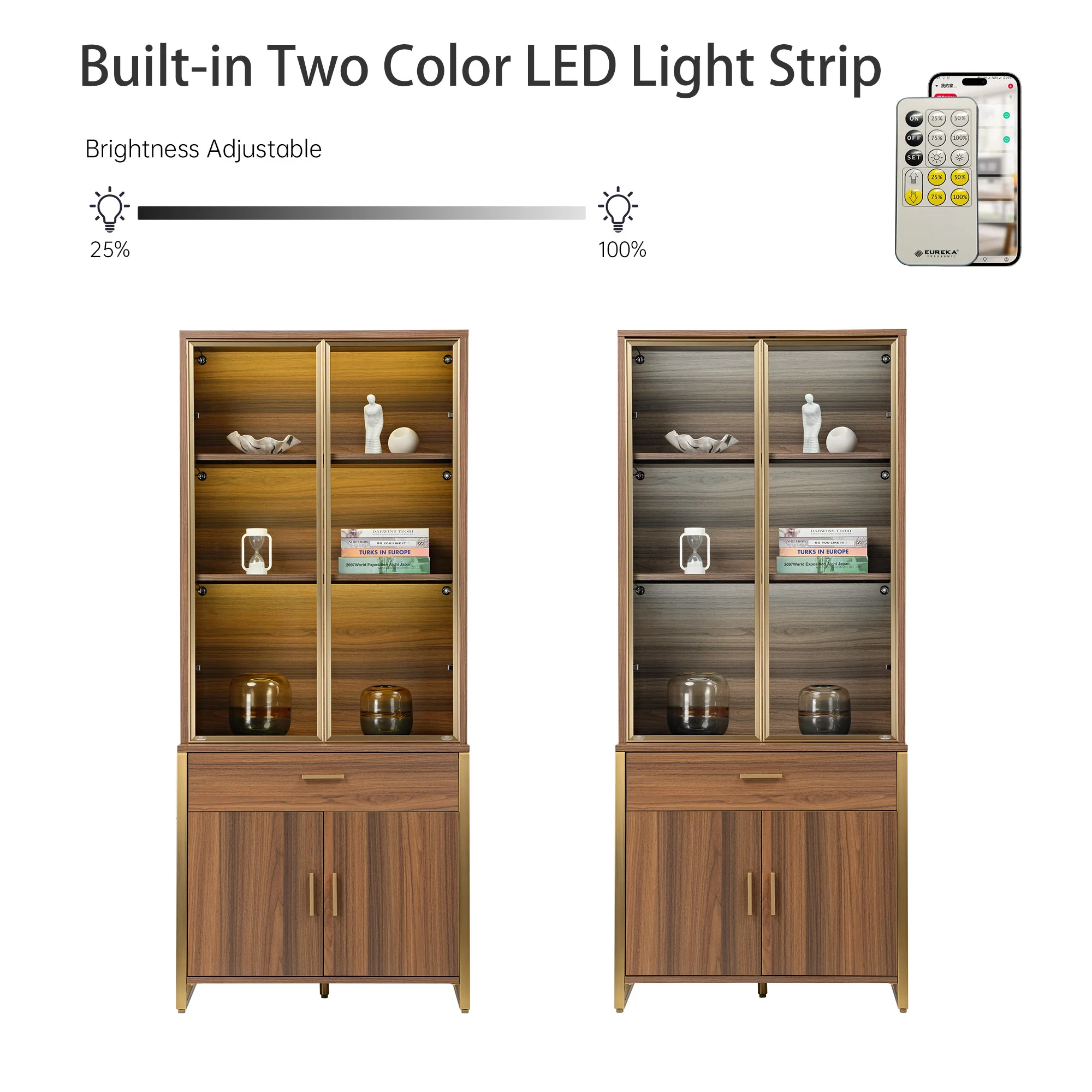 77'' Display Bookshelf with Glass Door and Storage Cabinets, Walnut - Image 14