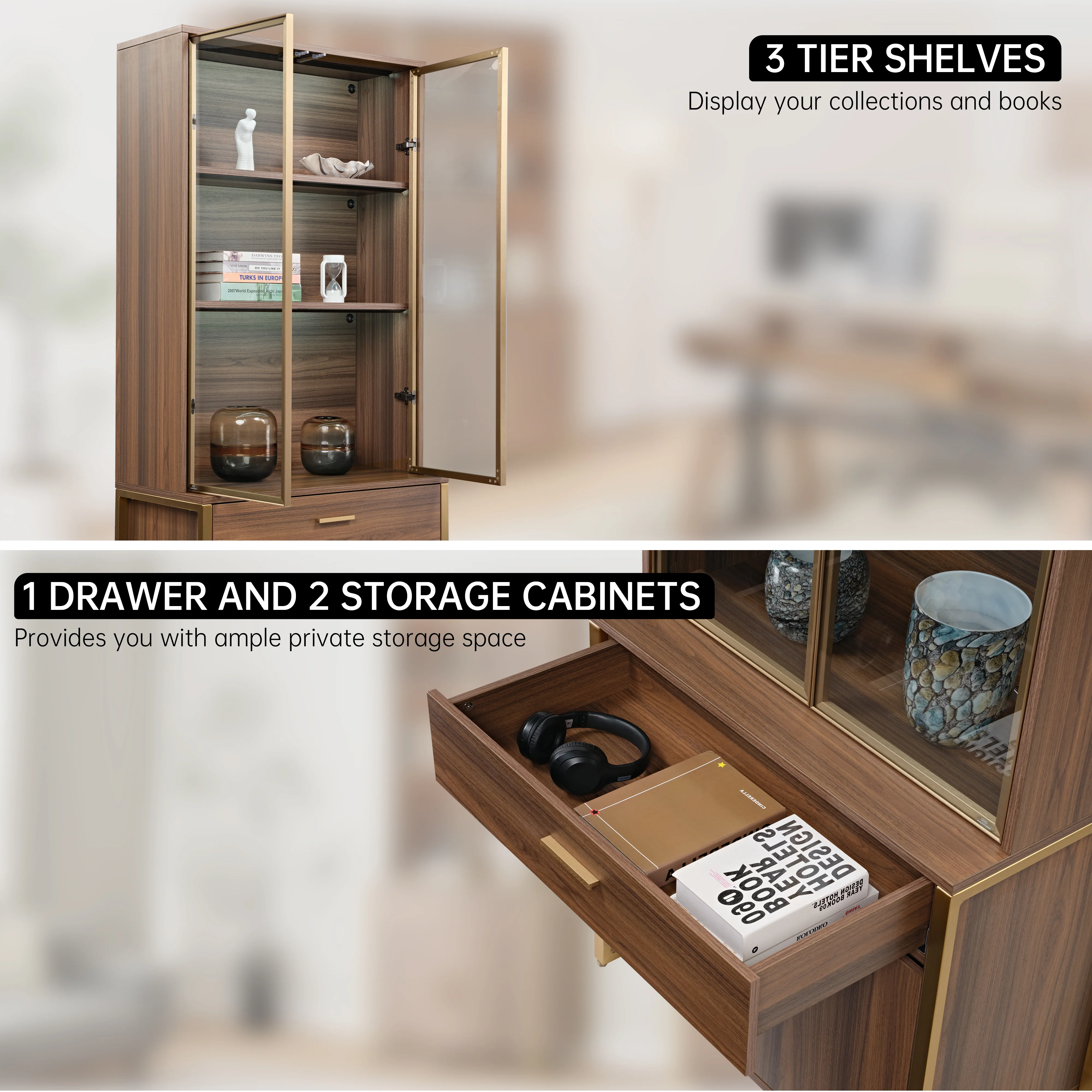 77'' Display Bookshelf with Glass Door and Storage Cabinets, Walnut - Image 15