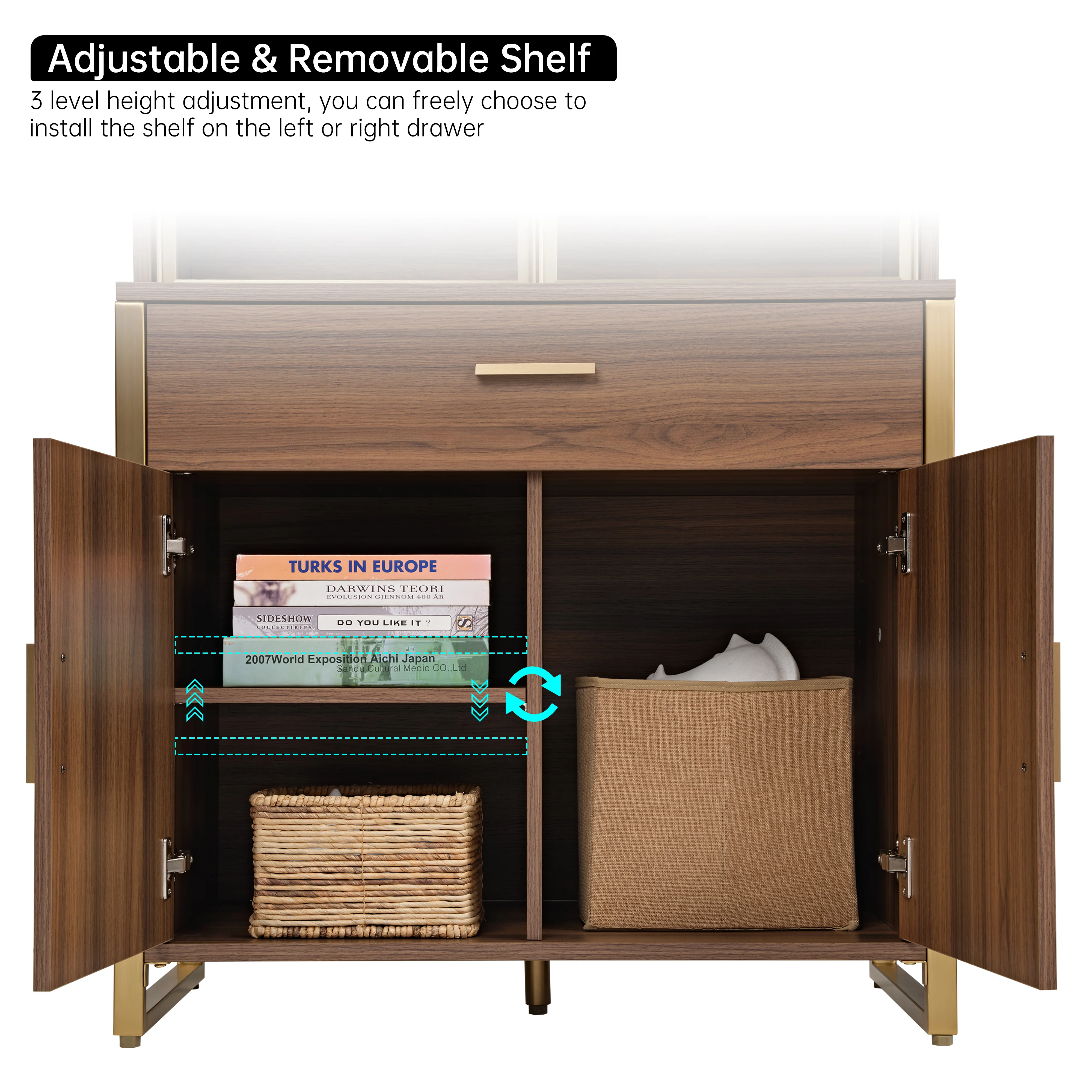 77'' Display Bookshelf with Glass Door and Storage Cabinets, Walnut - Image 16
