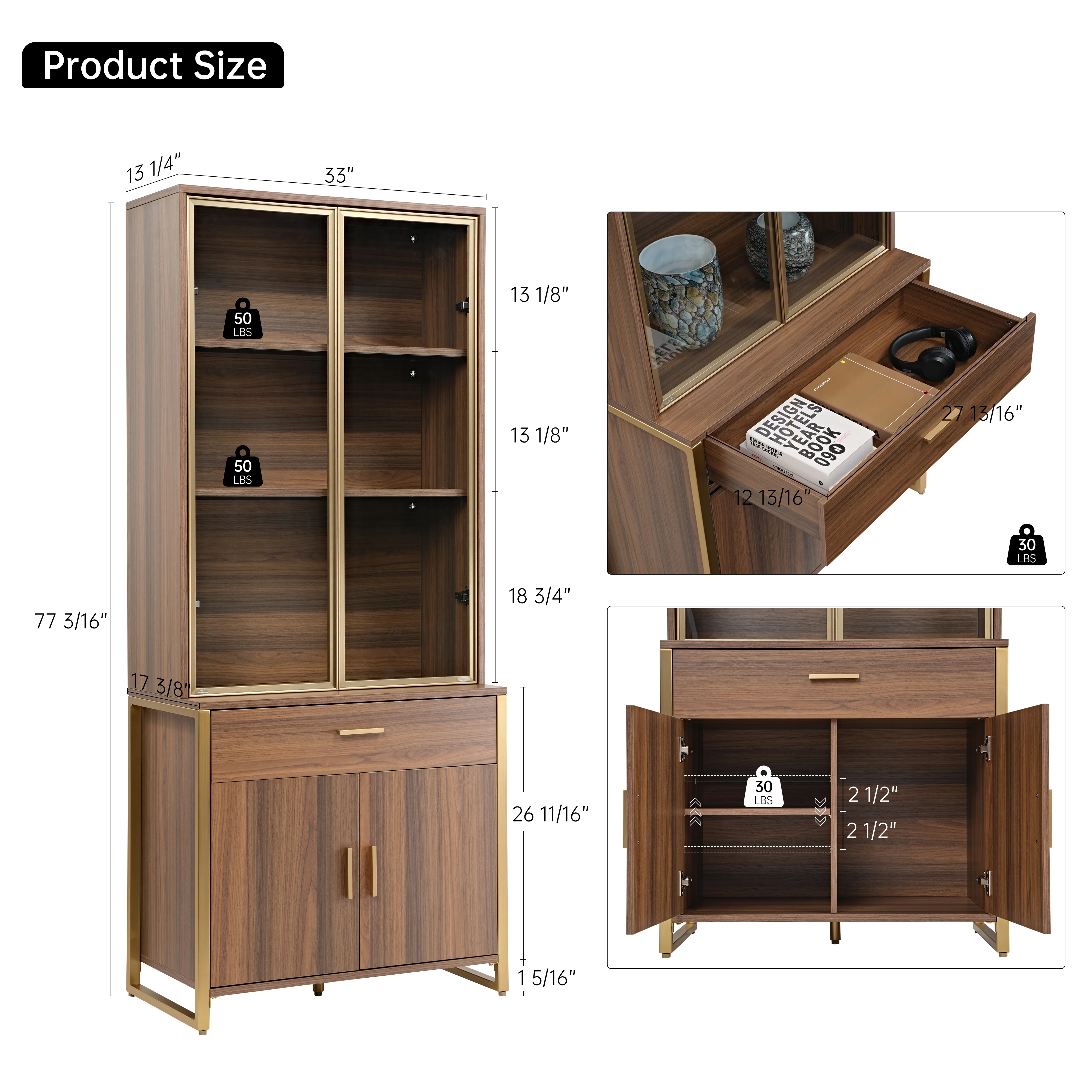 77'' Display Bookshelf with Glass Door and Storage Cabinets, Walnut - Image 19