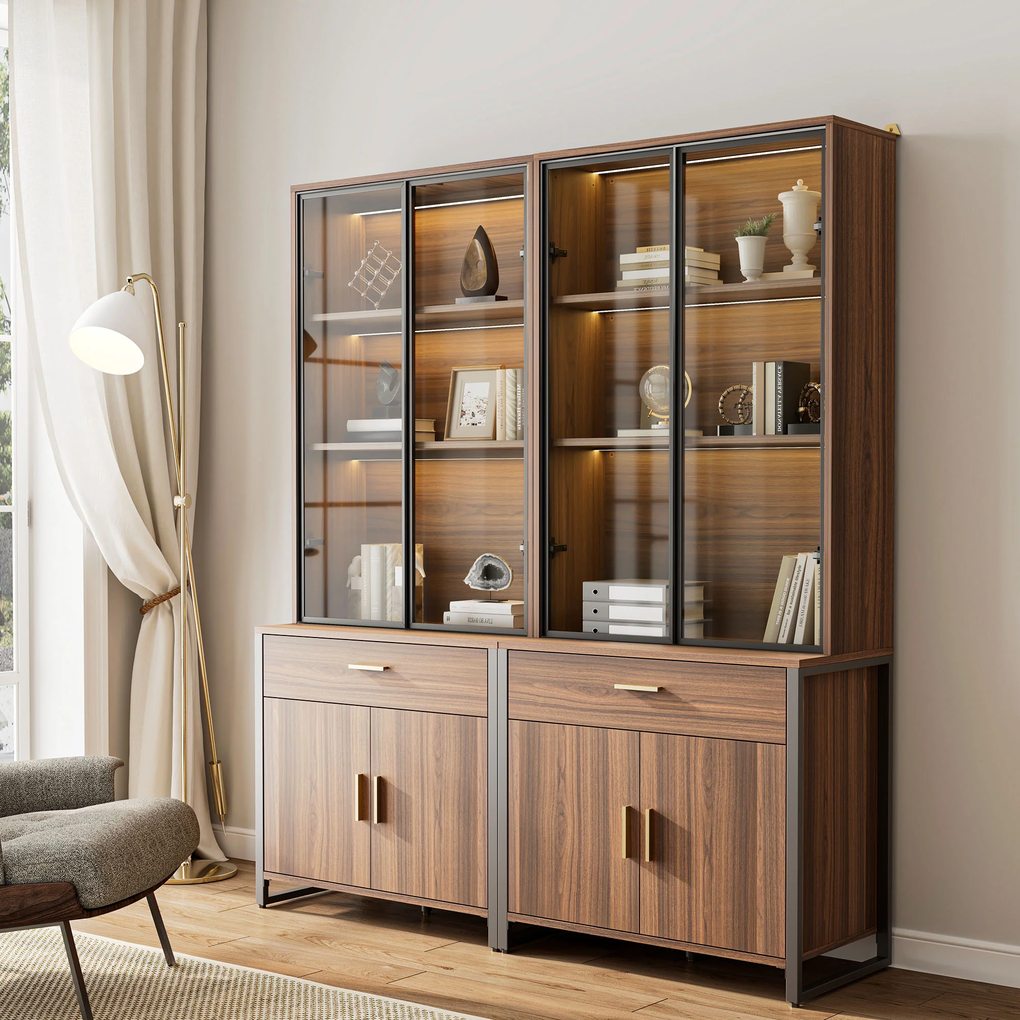 77'' Display Bookshelf with Glass Door and Storage Cabinets, Walnut - Image 3