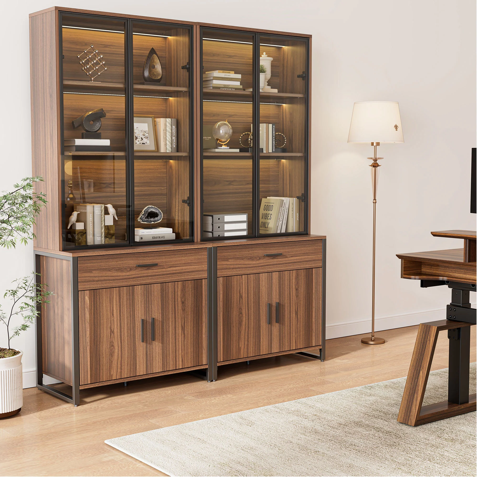77'' Display Bookshelf with Glass Door and Storage Cabinets, Walnut - Image 4