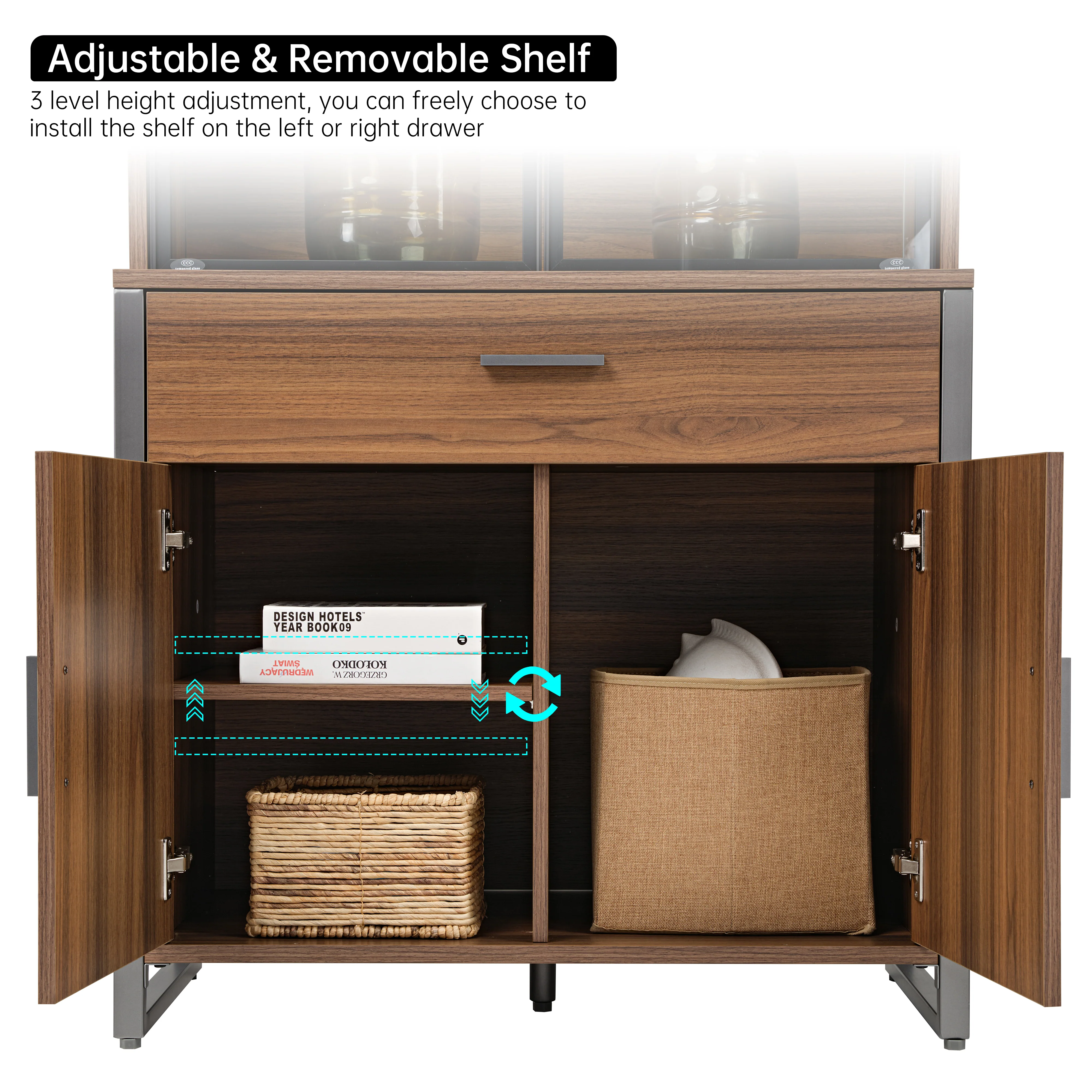 77'' Display Bookshelf with Glass Door and Storage Cabinets, Walnut - Image 7