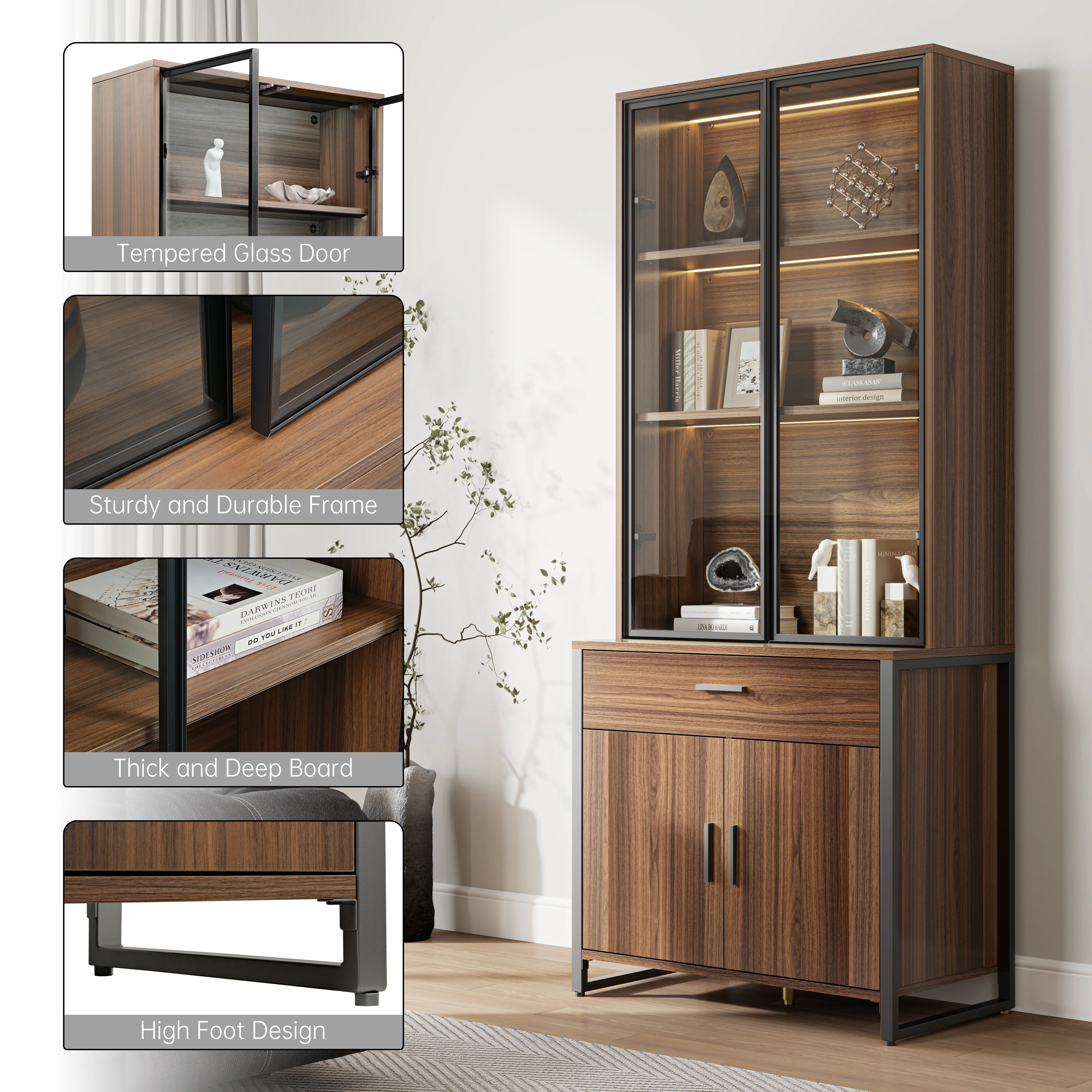 77'' Display Bookshelf with Glass Door and Storage Cabinets, Walnut - Image 8