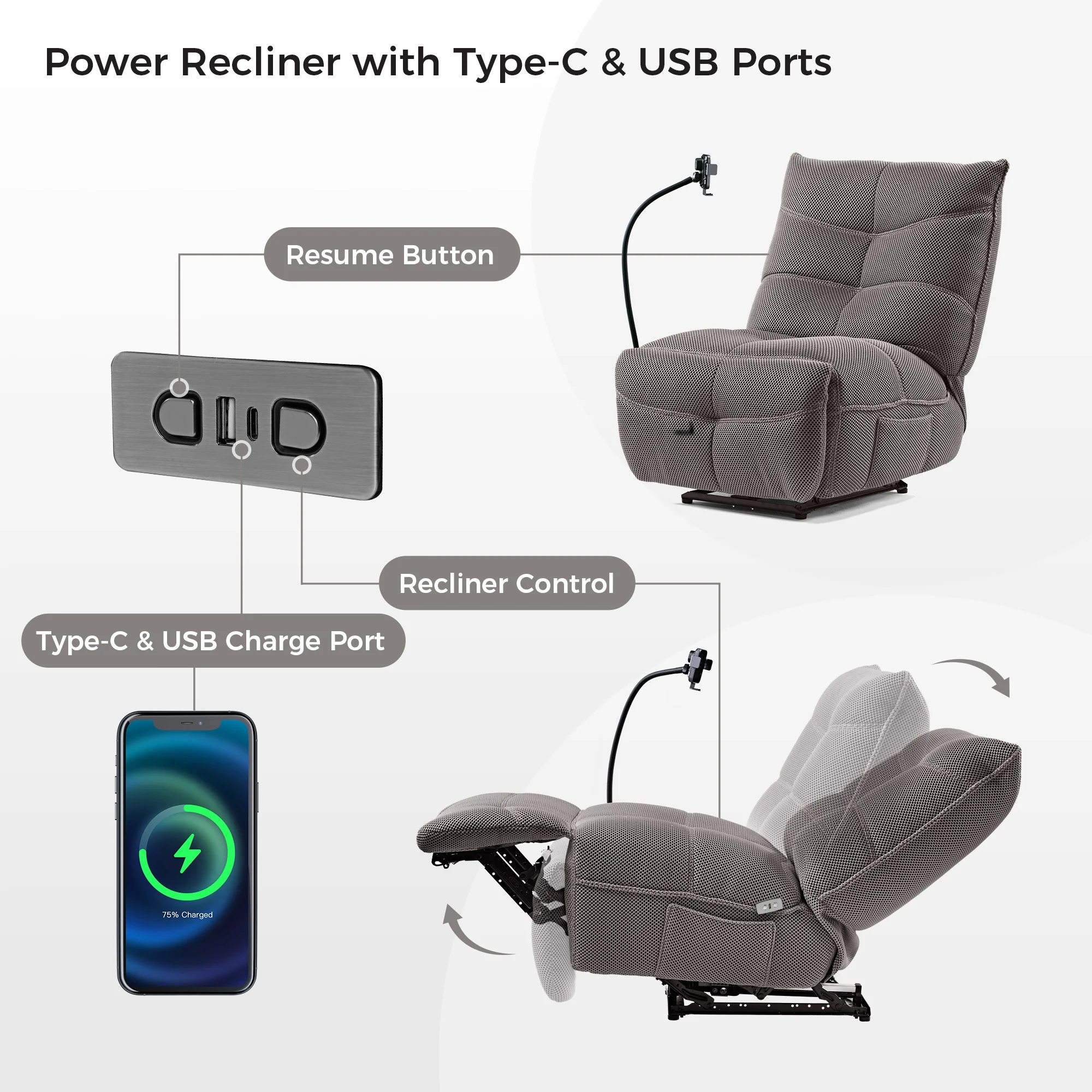 Linx, Recliner with Wireless Charging & USB - Image 25