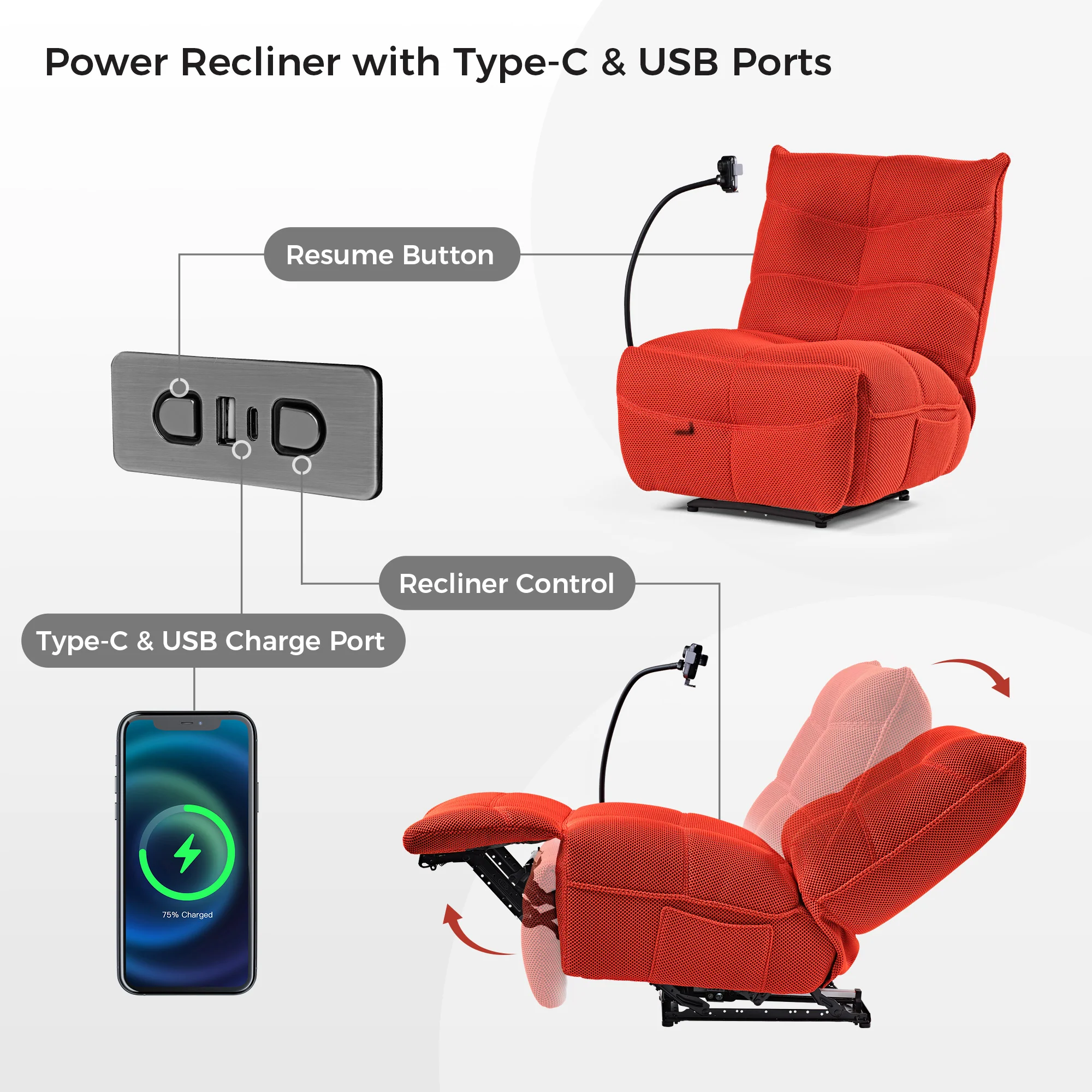 Linx, Recliner with Wireless Charging & USB - Image 43