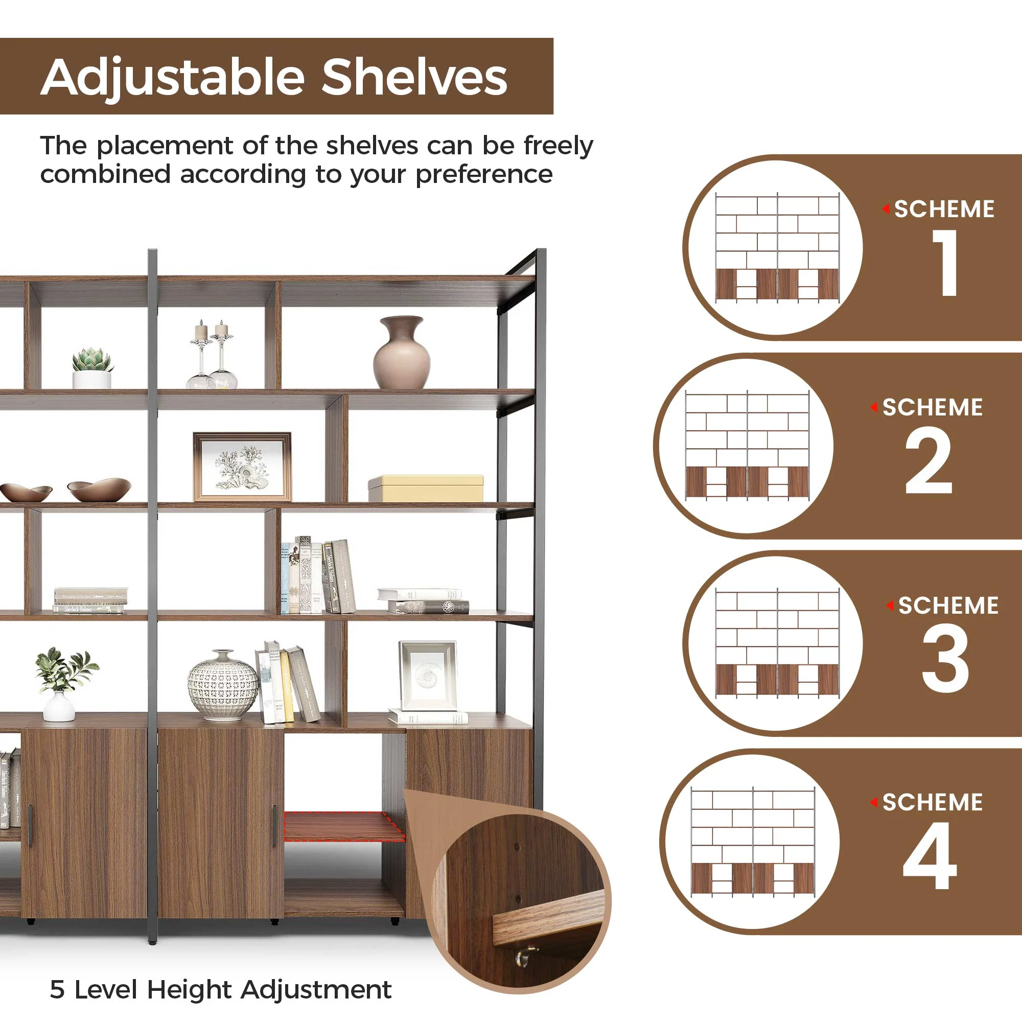 Napa Wood Bookcase Cabinet, Bottom Storage, Adjustable Book Shelves - Image 13