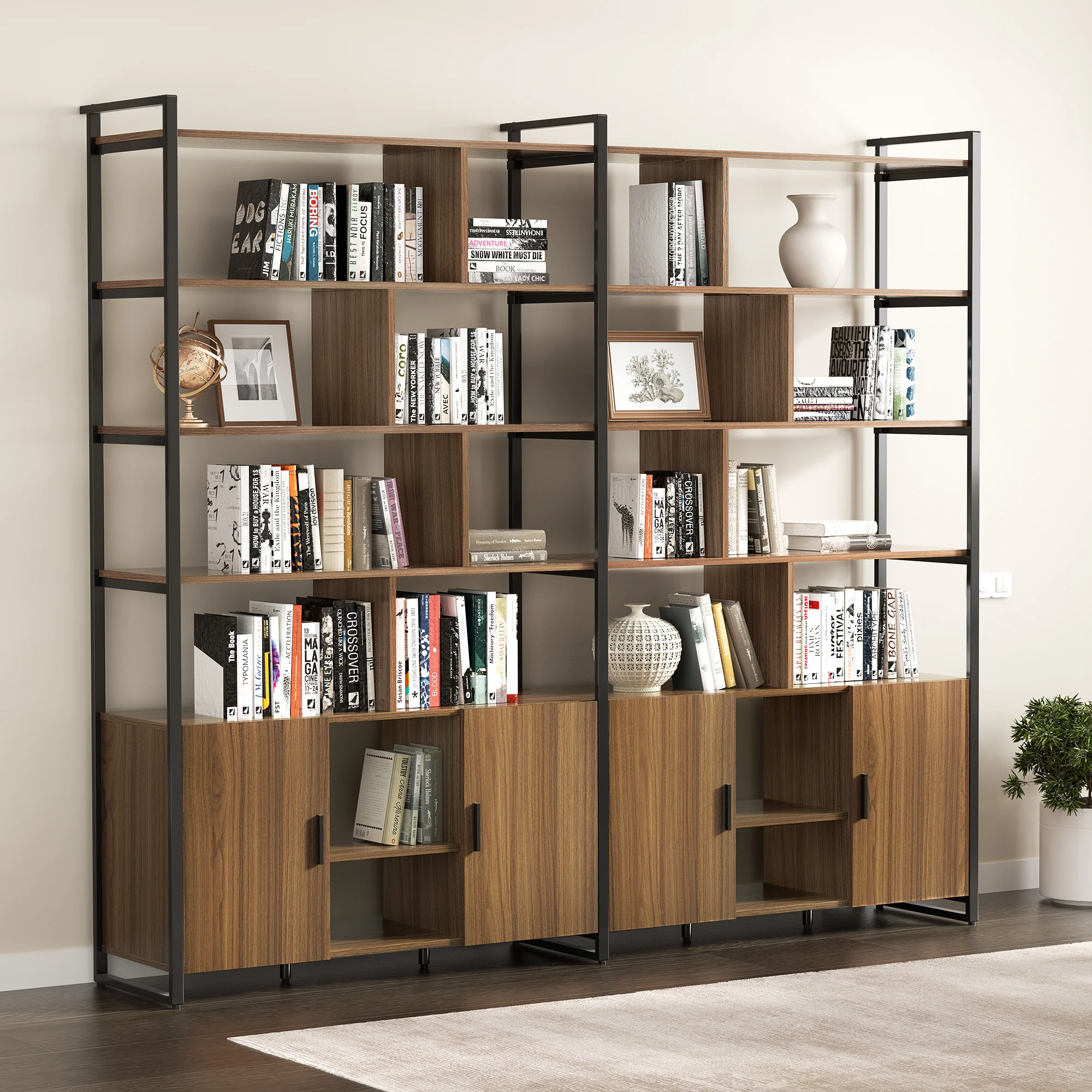 Napa Wood Bookcase Cabinet, Bottom Storage, Adjustable Book Shelves - Image 4