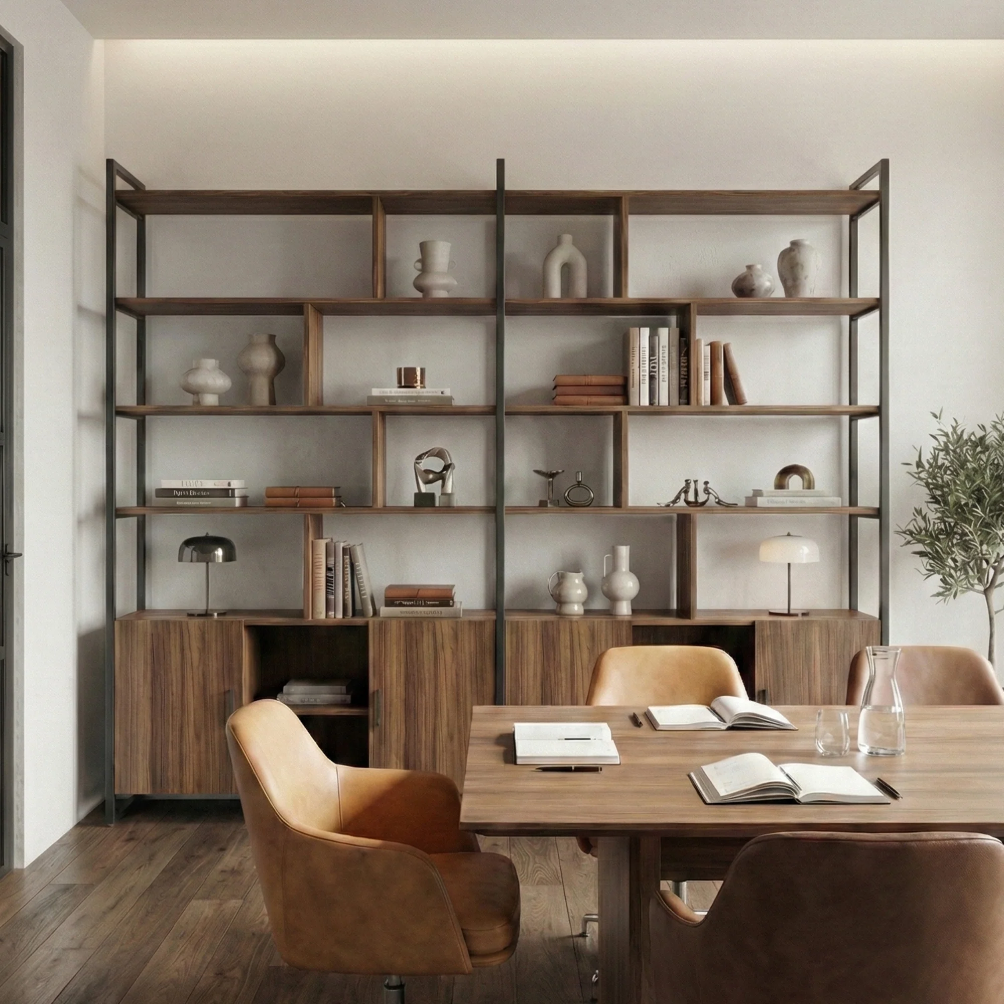 Napa Wood Bookcase Cabinet, Bottom Storage, Adjustable Book Shelves - Image 6